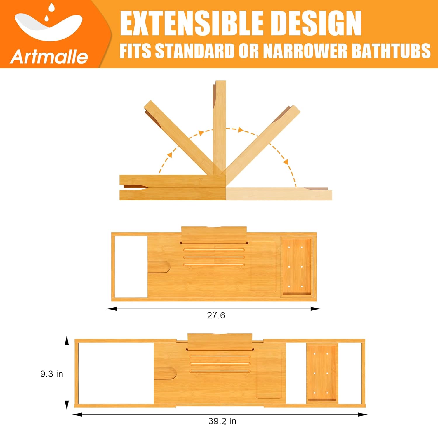 Artmalle Bathtub Caddy Tray for Tub,Foldable Bamboo Bath Table Tray with Book and Wine Glass Holder, Expandable Bathroom Accessories with Free Soap Dish Suitable for Luxury Spa or Reading