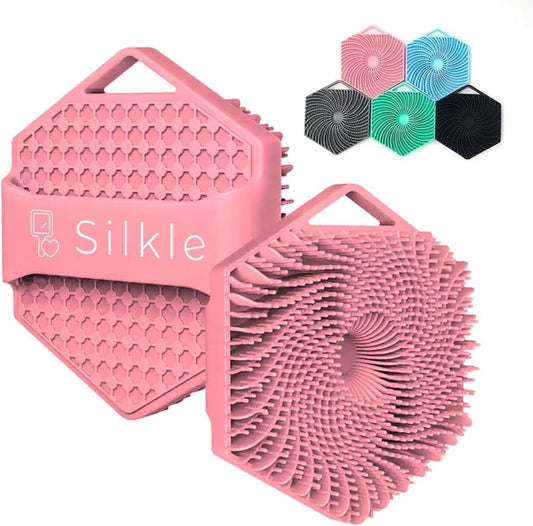 SILKLE Silicone Body Scrubber - Exfoliating Bath Brush and Skin Cleanser - Shower Sponge for Gentle Body Scrub and Wash - Silicone Scrubbing Care Tool for a Refreshed and Renewed You - Pink