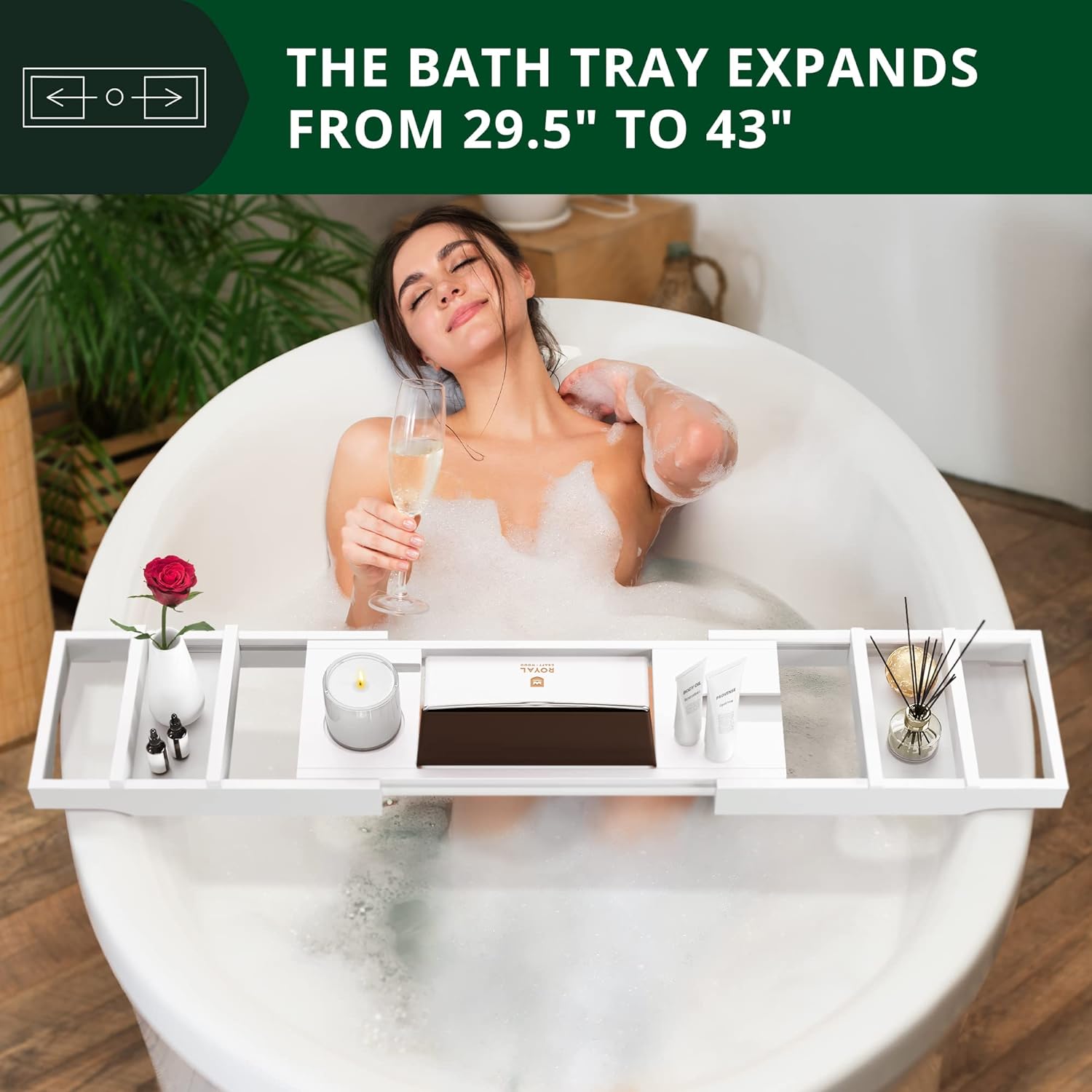 ROYAL CRAFT WOOD Foldable Bathtub Tray Caddy Bamboo Bathtub Tray Expandable, Bath Tub Table Caddy with Extending Sides - Free Soap Dish