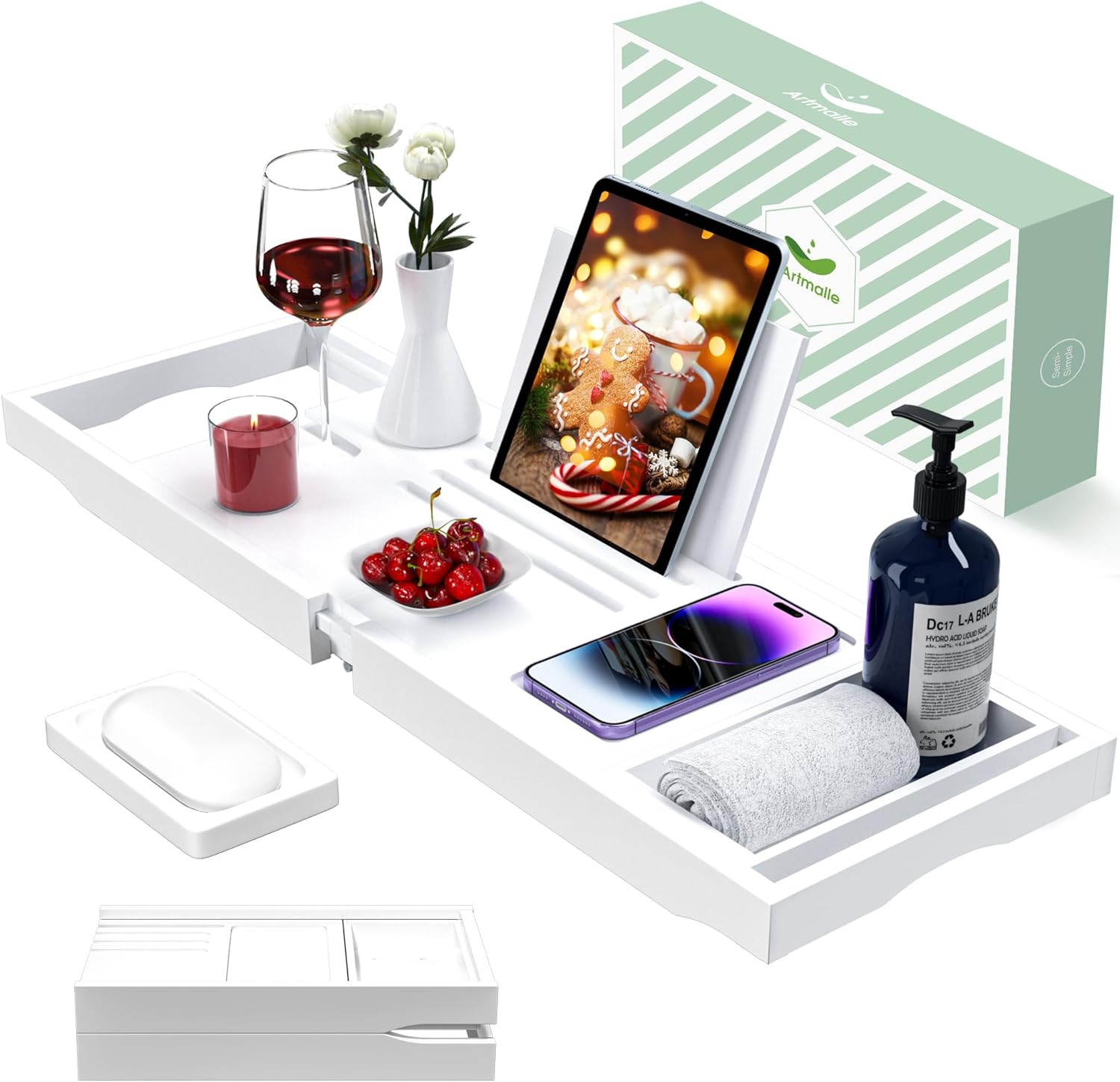 Artmalle Bathtub Caddy Tray for Tub,Foldable Bamboo Bath Table Tray with Book and Wine Glass Holder, Expandable Bathroom Accessories with Free Soap Dish Suitable for Luxury Spa or Reading