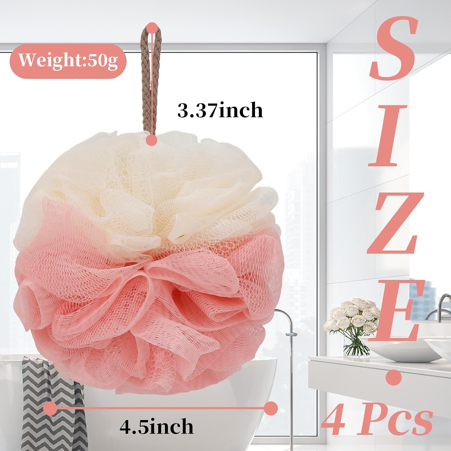 FARMOGA Bath Loofah Sponge Back Scrubber Shower Sponge Soft Mesh Exfoliator Pouf Shower Ball Bath Sponges for Women and Men Bath Accessories (4Pcs 50g Multi Colour)