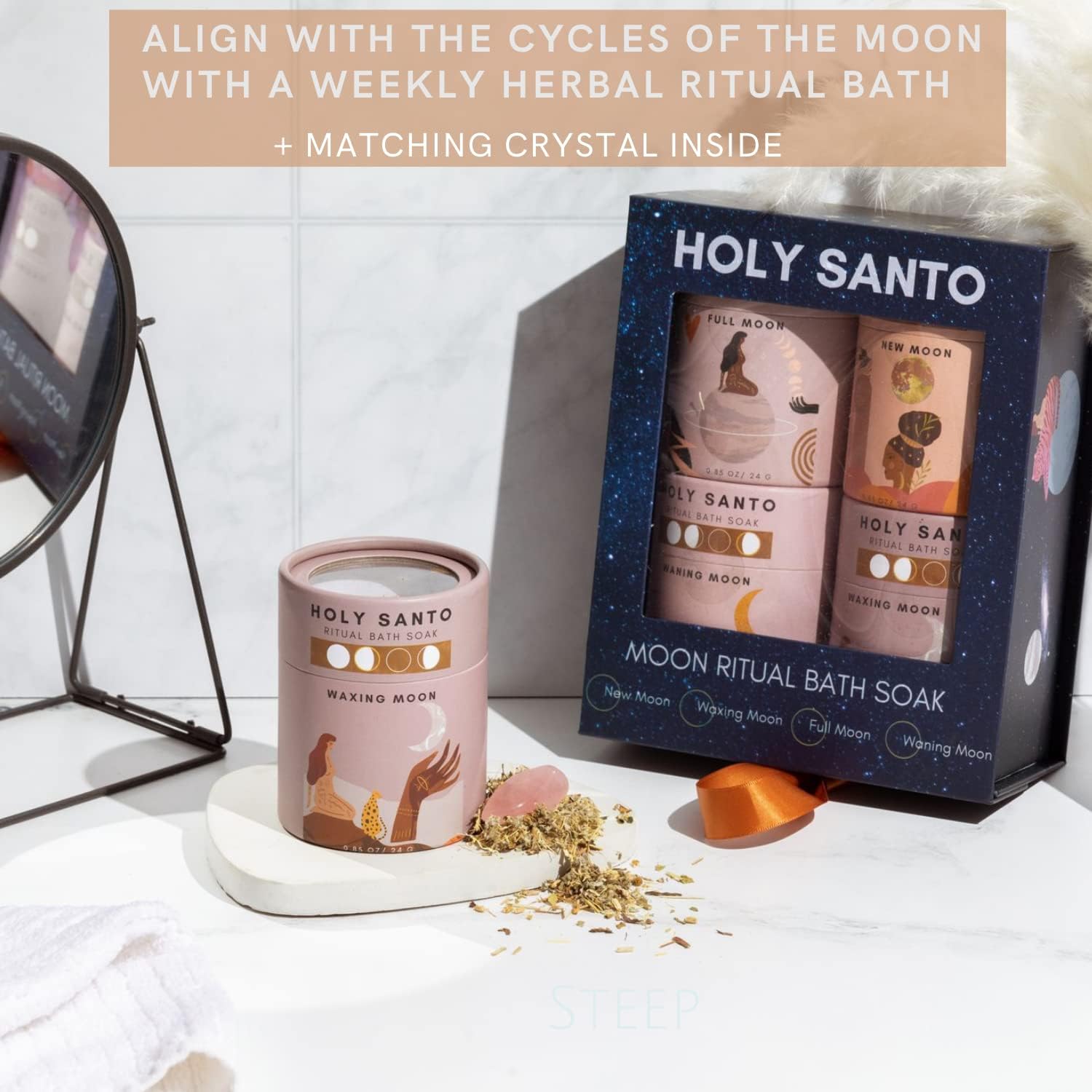 Moon Phase Organic Bath Soak with Dried Herbs and Flowers, Lavender, Rose Petals, Eucalyptus- Ritual Bath Accessories with Crystals for Relaxation. Stress Relief and Self Care Gifts for Women