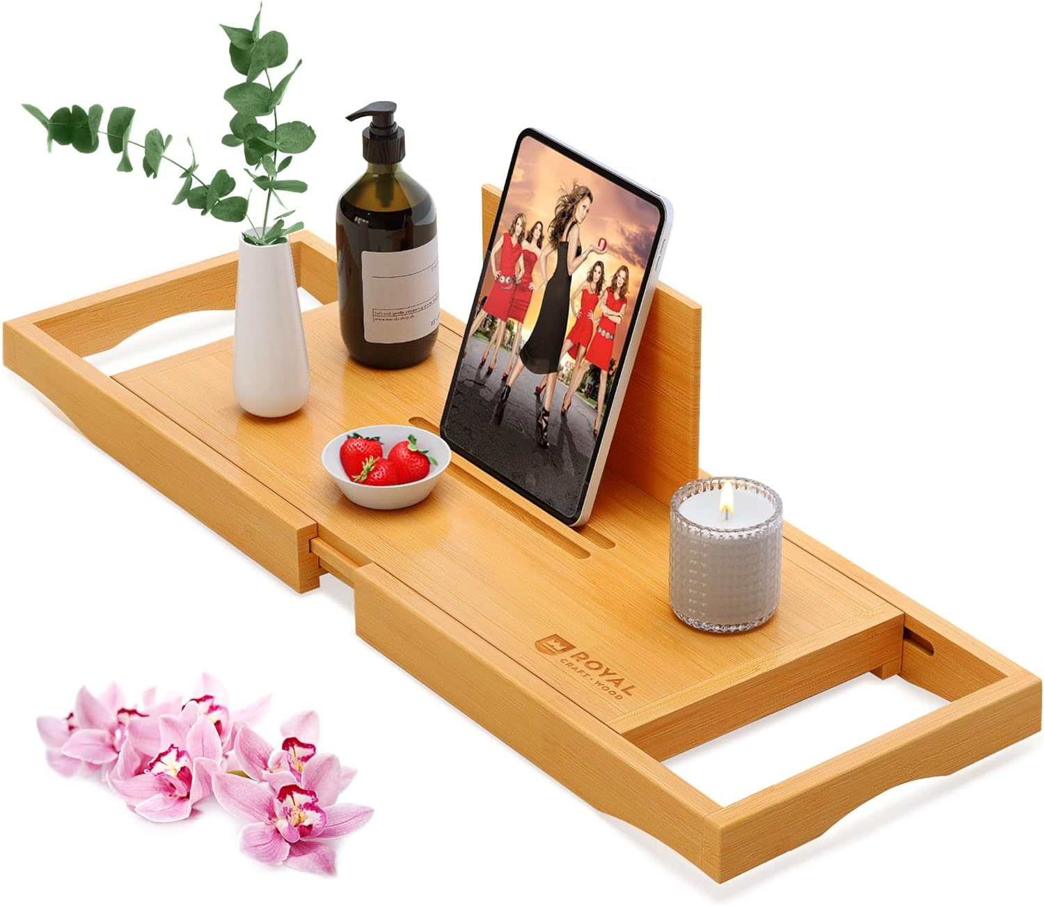 ROYAL CRAFT WOOD Foldable Bathtub Tray Caddy Bamboo Bathtub Tray Expandable, Bath Tub Table Caddy with Extending Sides - Free Soap Dish