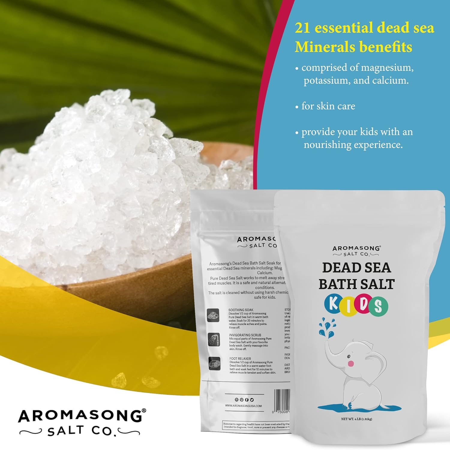 Aromasong Dead Sea Salt for Kids Bath Soak, 4 Lbs. Fine Grain Large Bulk resealable Pack, 100% Pure & Natural.