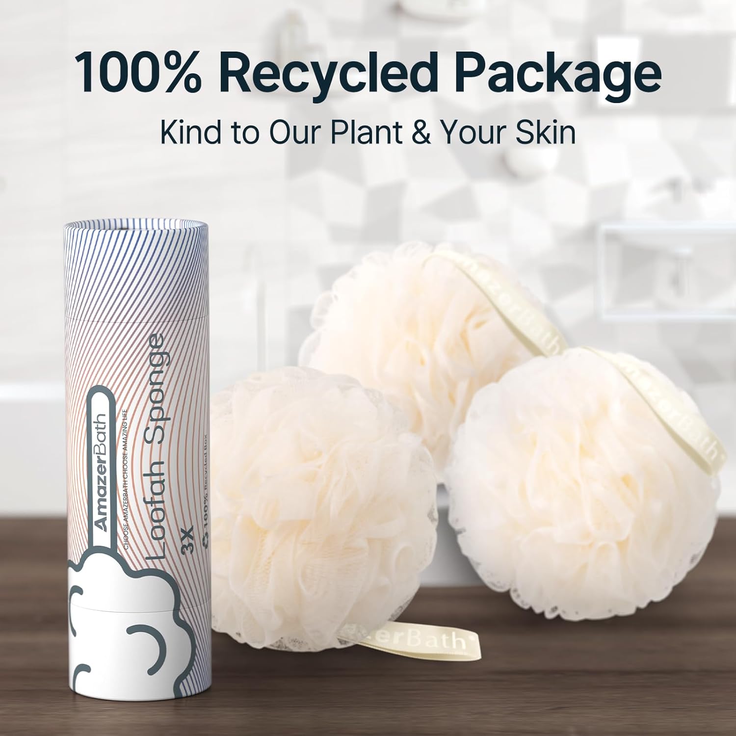 AmazerBath Loofah Sponge, Shower Loofah for Men and Women - Body Scrubber Loofa Set of 3 Classic Black & White Edge, Bath Sponge 60g/PCS