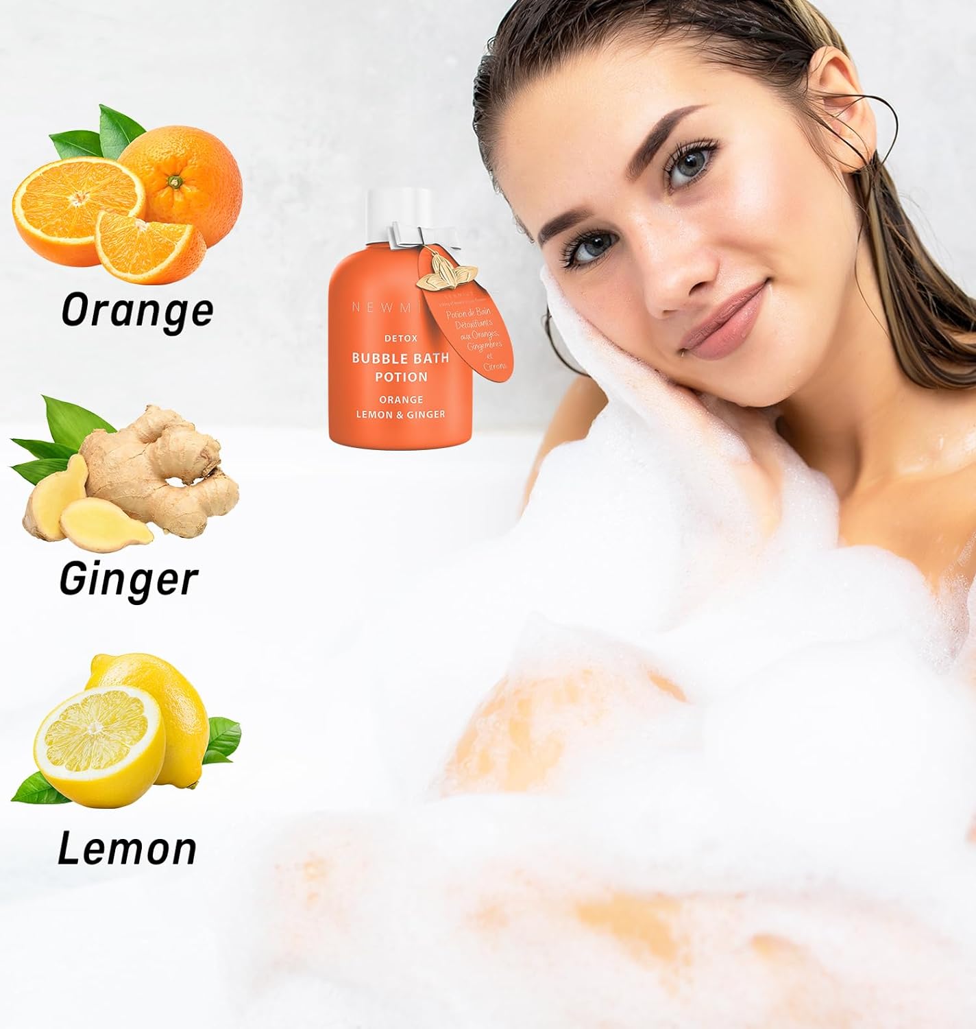 Natural Detox Bubble Bath - Long Lasting Citrus Bubble Bath -Foaming Soak - Orange Ginger Lemon Essential Oils Hydrating Relaxing - Stress Relief - Self Care Spa Gift Women Men Birthday Christmas