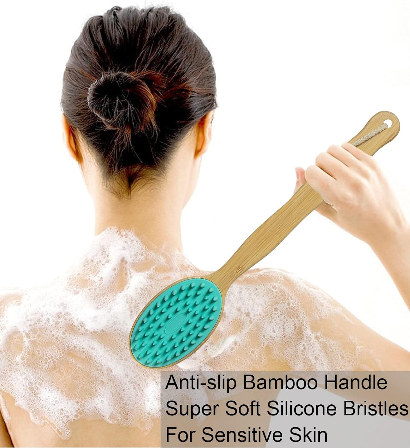 Silicone Body Scrubber with Long Handle, Dual-Sided Exfoliating Back Scrubber, 2 in 1 Bath Shower Brush for Dry and Wet - Green