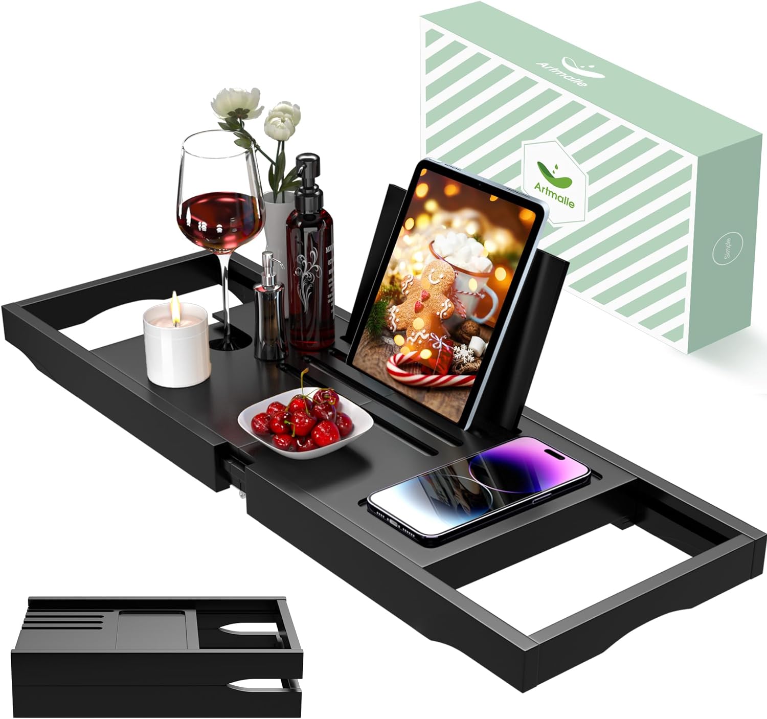 Artmalle Bathtub Caddy Tray for Tub,Foldable Bamboo Bath Table Tray with Book and Wine Glass Holder, Expandable Bathroom Accessories with Free Soap Dish Suitable for Luxury Spa or Reading