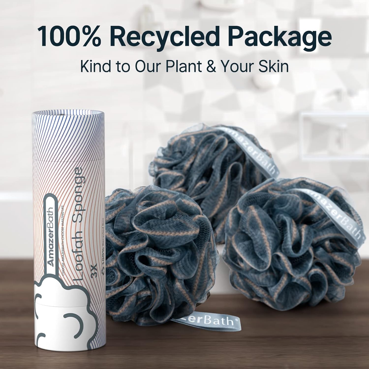 AmazerBath Loofah Sponge, Shower Loofah for Men and Women - Body Scrubber Loofa Set of 3 Classic Black & White Edge, Bath Sponge 60g/PCS