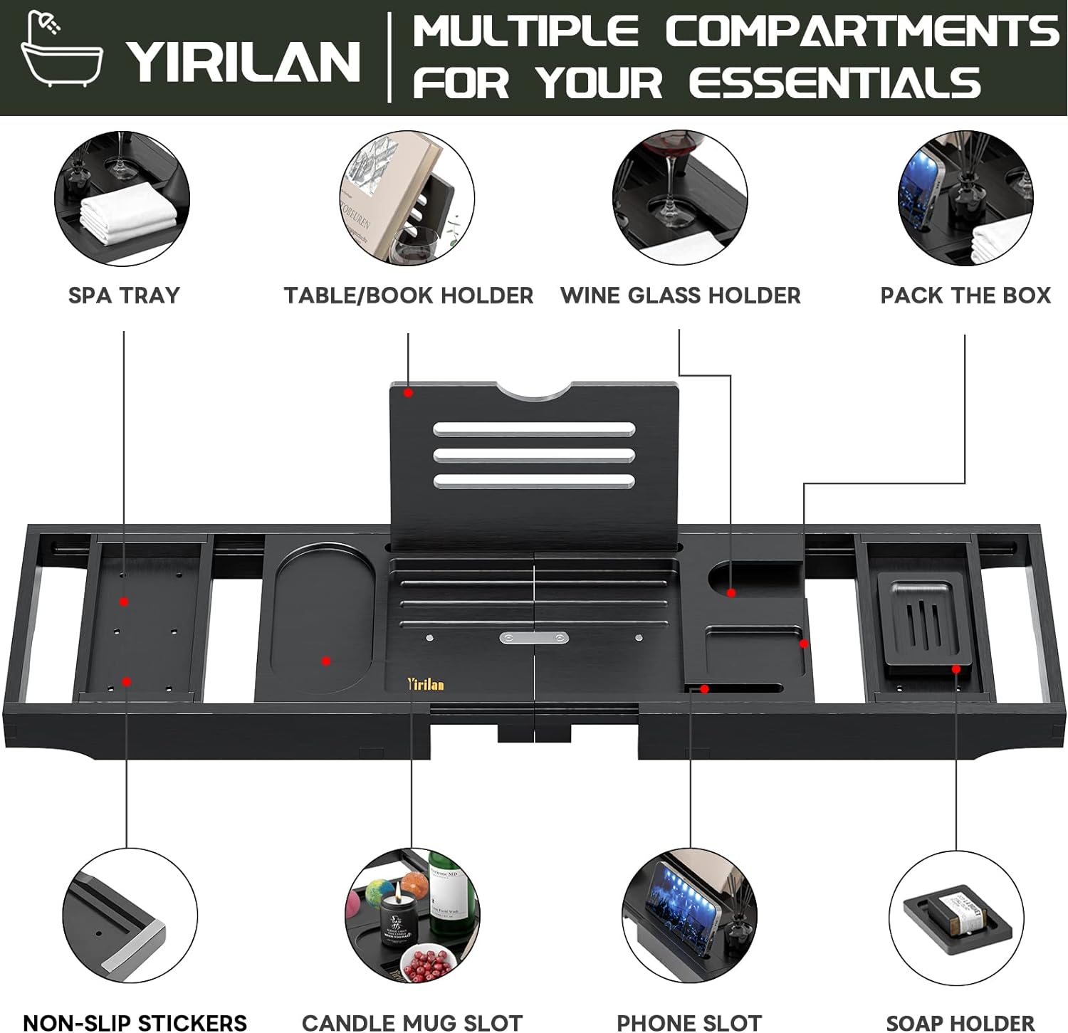 Yirilan Premium Bathtub Tray Caddy - Expandable Bath Tray - Unique House Warming Gifts, New Home, Anniversary & Wedding Gifts for Couple, Bridal Shower Gift for Women