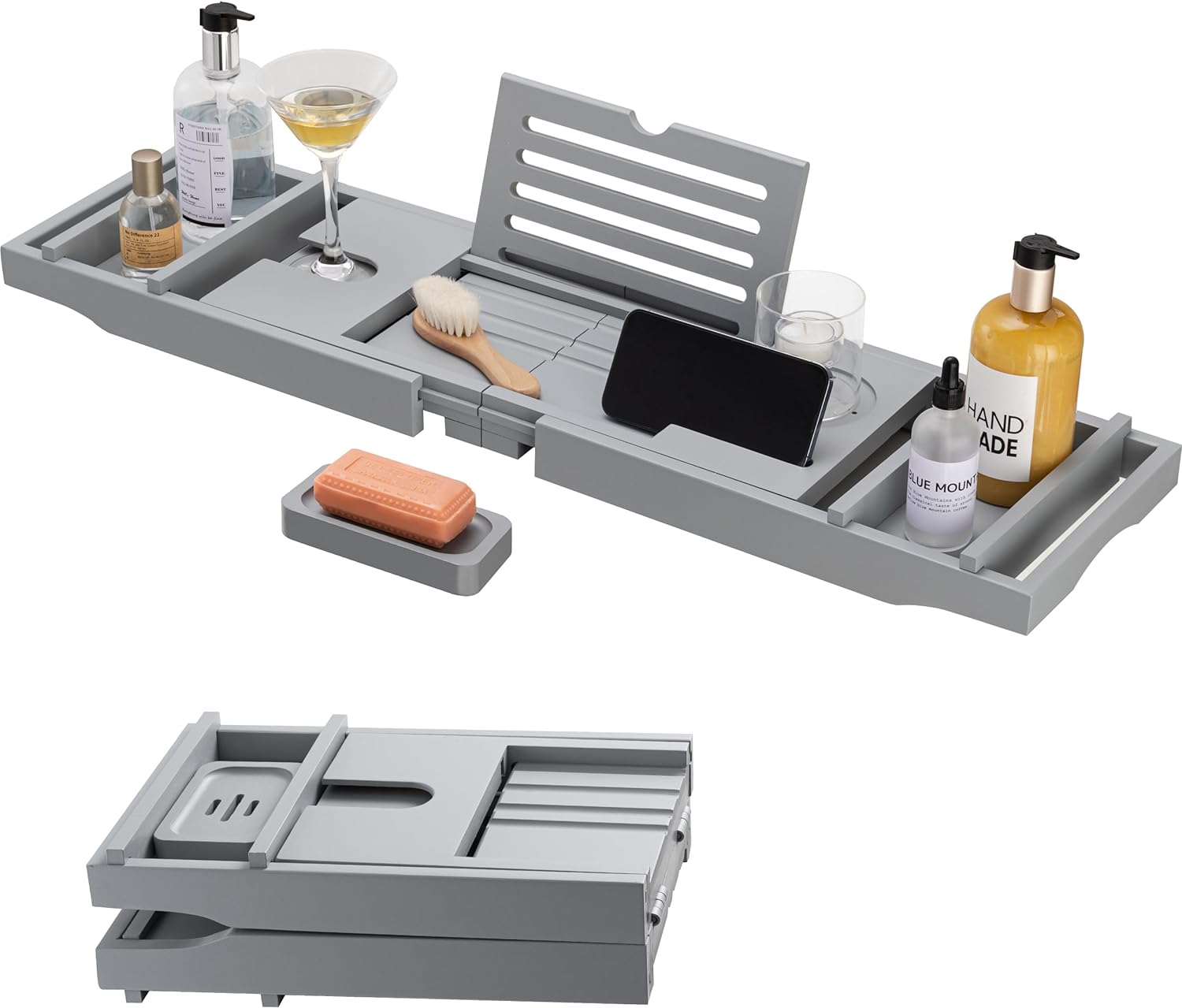 HBlife Bathtub Caddy Tray Foldable Bamboo Bath Table Tray with Book and Wine Glass Holder, Expandable Bathroom Accessories