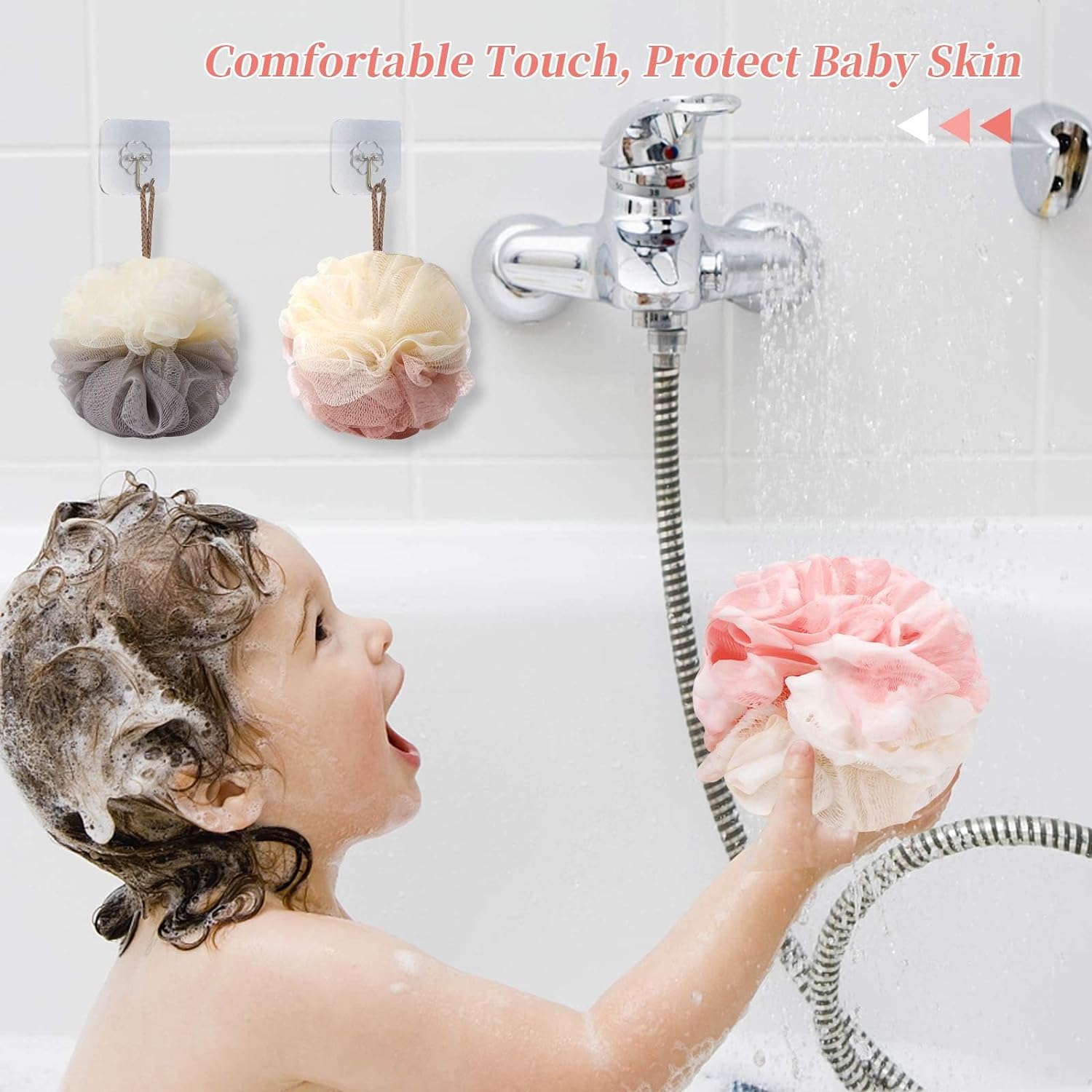 FARMOGA Bath Loofah Sponge Back Scrubber Shower Sponge Soft Mesh Exfoliator Pouf Shower Ball Bath Sponges for Women and Men Bath Accessories (4Pcs 50g Multi Colour)