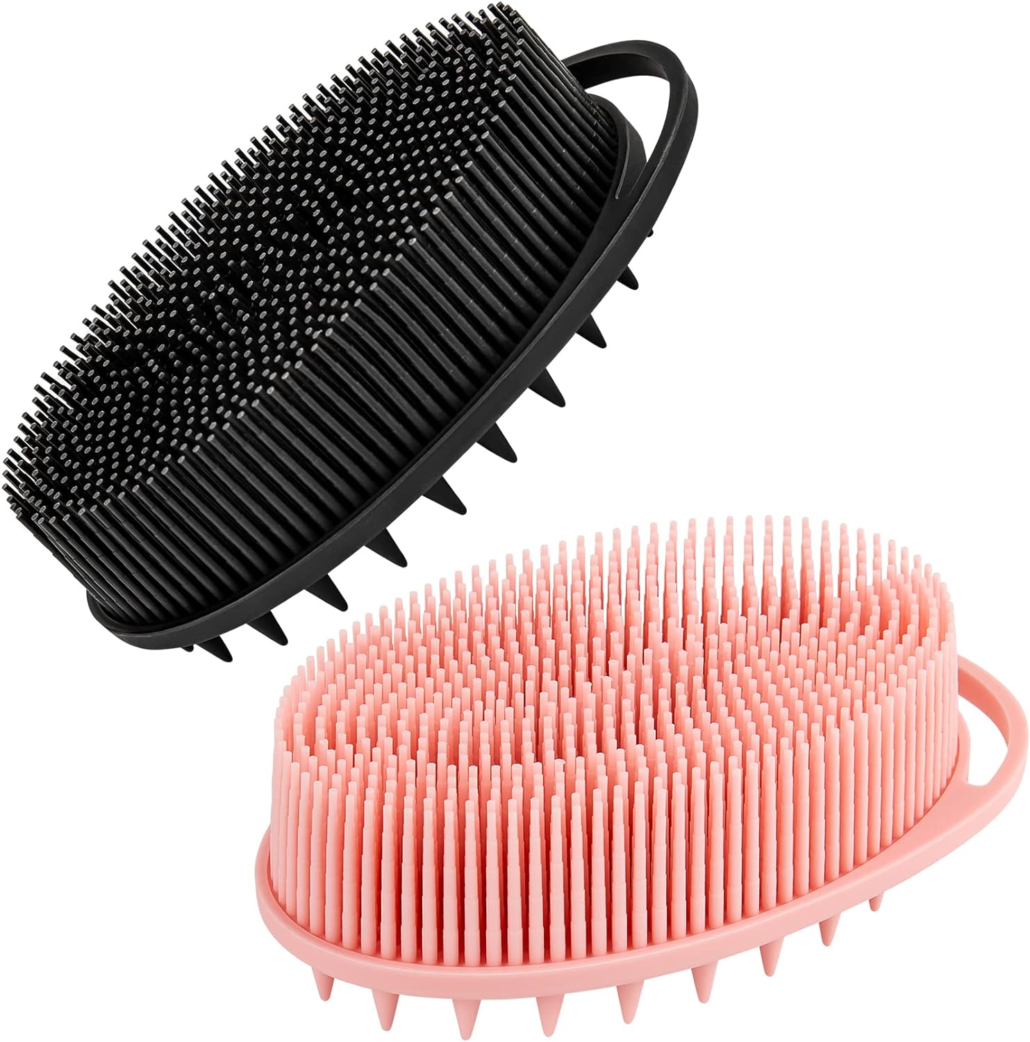 ONLYFU 2PCS Silicone Loofah for Body Wash, 2 in 1 Exfoliating and Massaging Hair Body Scrubber, Skin-Friendly Scalp Massager (Black and Pink)