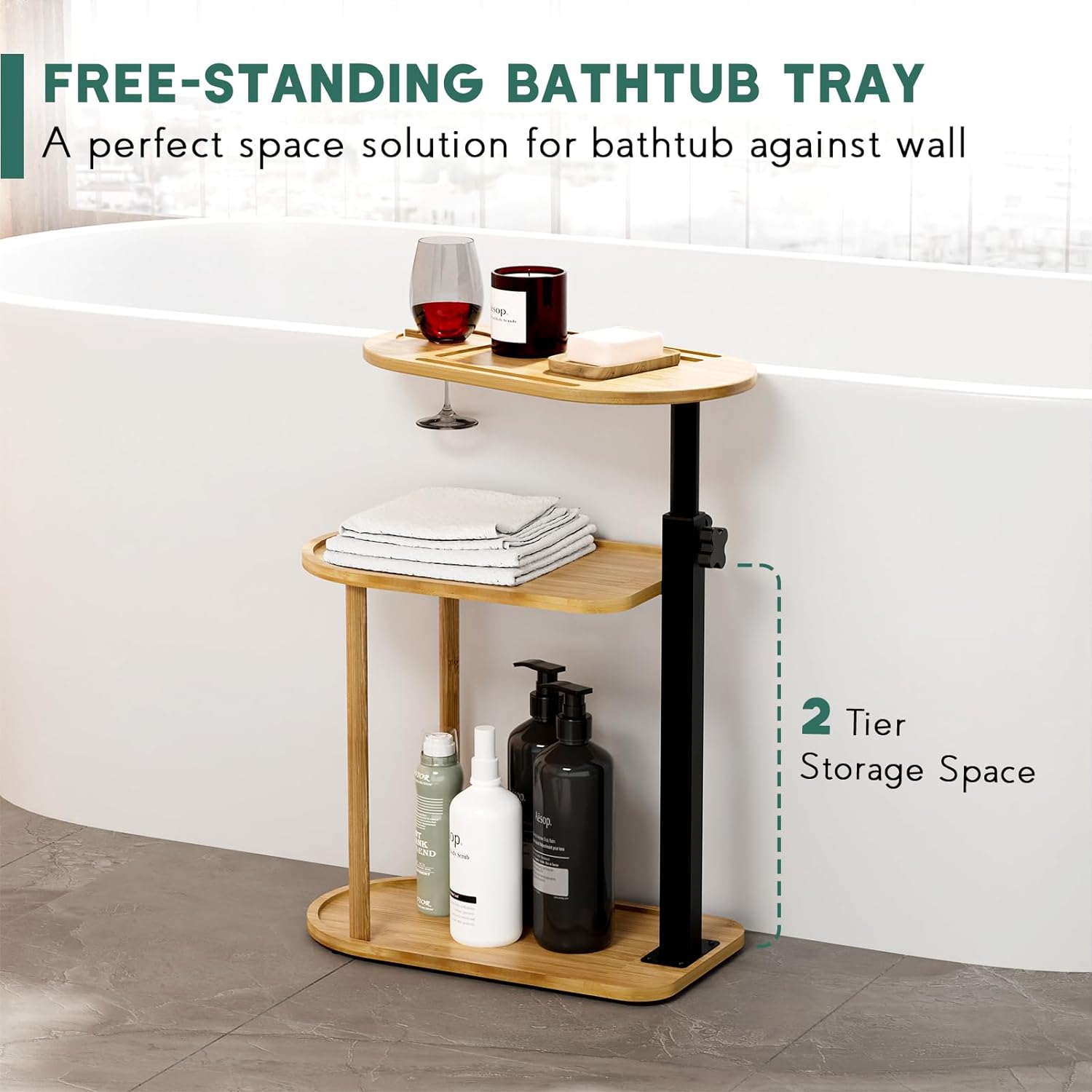 Yumkfoi 3 Layer Bath Tub Tray Table, Freestanding Bamboo Bath Tray Caddy for Tub Against Wall, Bath Table Tray Tub Shelf Bathroom Organizer Shelf for Luxury Spa, Gift for House Warming New Home