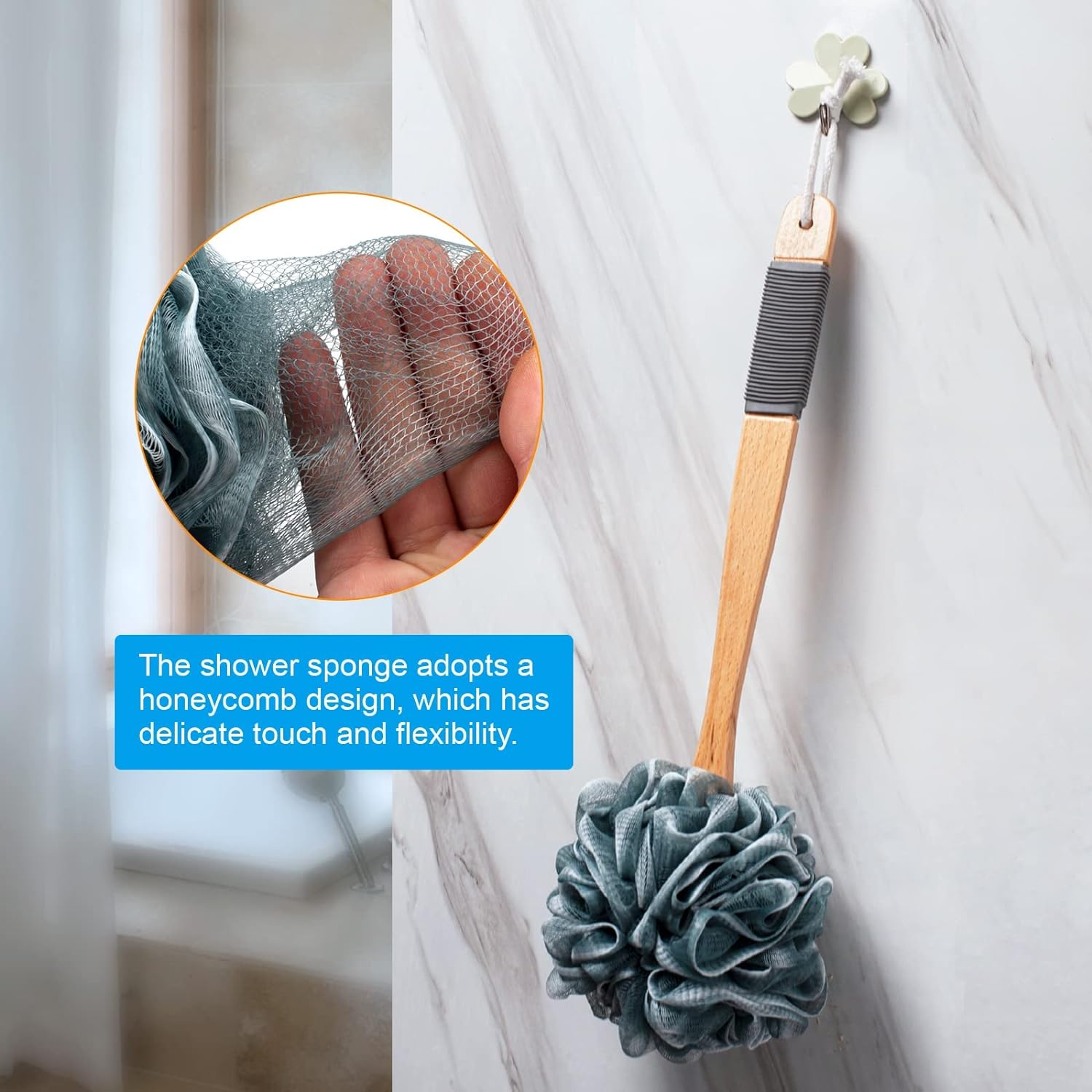 AmazerBath Shower Sponge Loofah Back Scrubber, PE Soft Mesh Loofah Body Scrubber with Long Wooden Handle, Bath Sponge for Men Women (Pink)