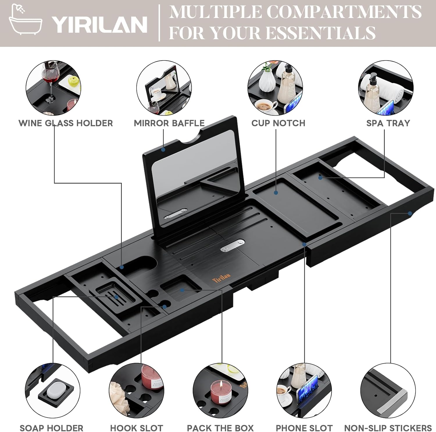 Yirilan Premium Bathtub Tray Caddy - Expandable Bath Tray - Unique House Warming Gifts, New Home, Anniversary & Wedding Gifts for Couple, Bridal Shower Gift for Women