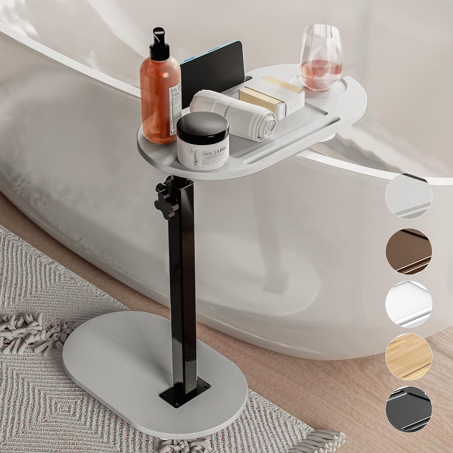 Yumkfoi Bamboo Bathtub Tray Table with Adjustable Height, Freestanding Bathtub Caddy for Tub Against Wall, Tub Organizer Suitable for Luxury Spa and House Warming Gift - Patent Protected (Black)