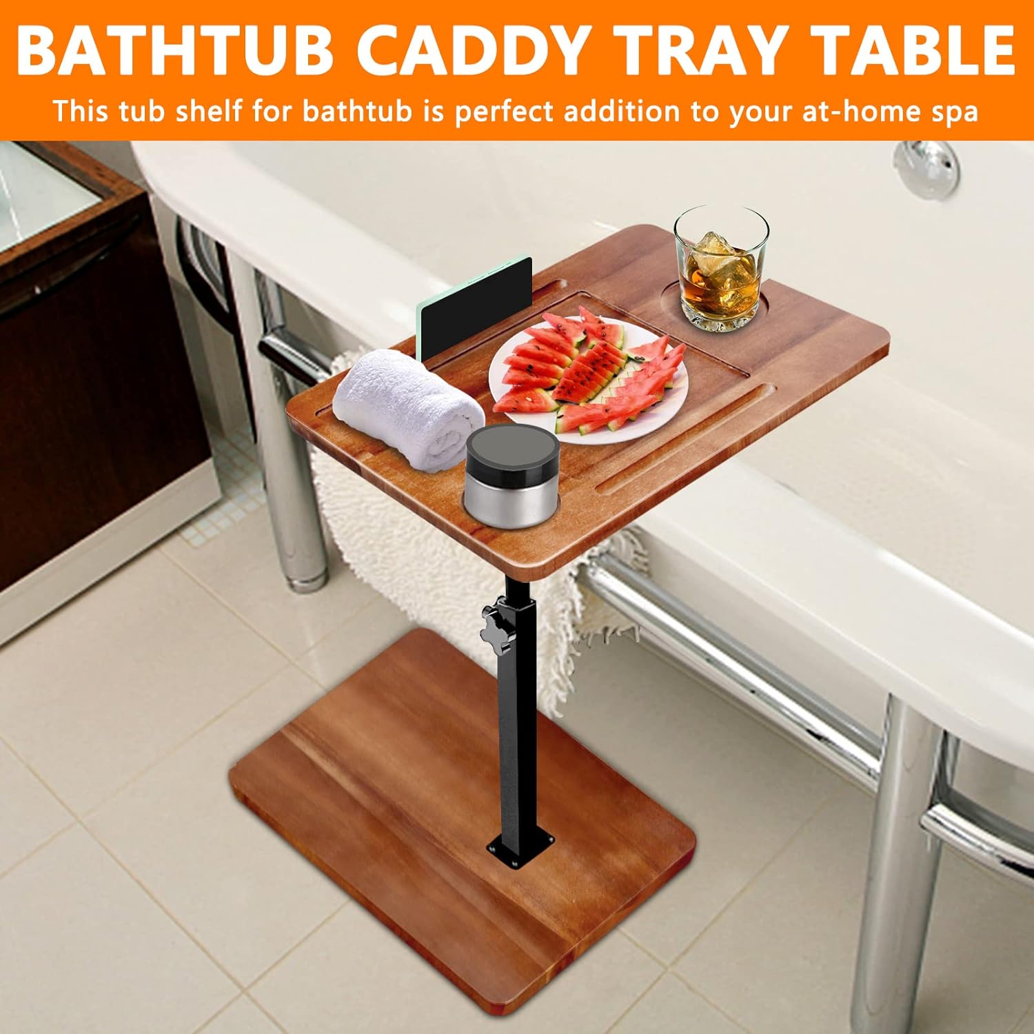 Bathtub Caddy Tray Table with Adjustable Height, Freestanding Bath Caddy Tray with Reading Rack, Tablet Holder, Cellphone Tray and Wine Glass Holder, Organizer Tray-A