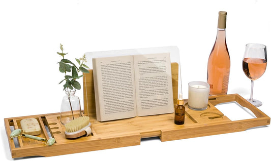Luxe Lily Bathtub Caddy Tray | Holds Book Open with Removable Water Shield | Bath Tub Tray Table | Extendable Bathtub Trays for Tub | Bath Tray for Bathtub with Wine Holder | Tub Tray for Bathtub