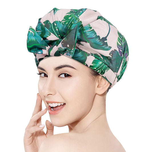 Auban Shower Cap Reusable,Ribbon Bow Bath Cap Large Design With Waterproof Exterior for All Hair Lengths,Great for Girls Spa Home Use,Hotel and Hair Salon (Green)