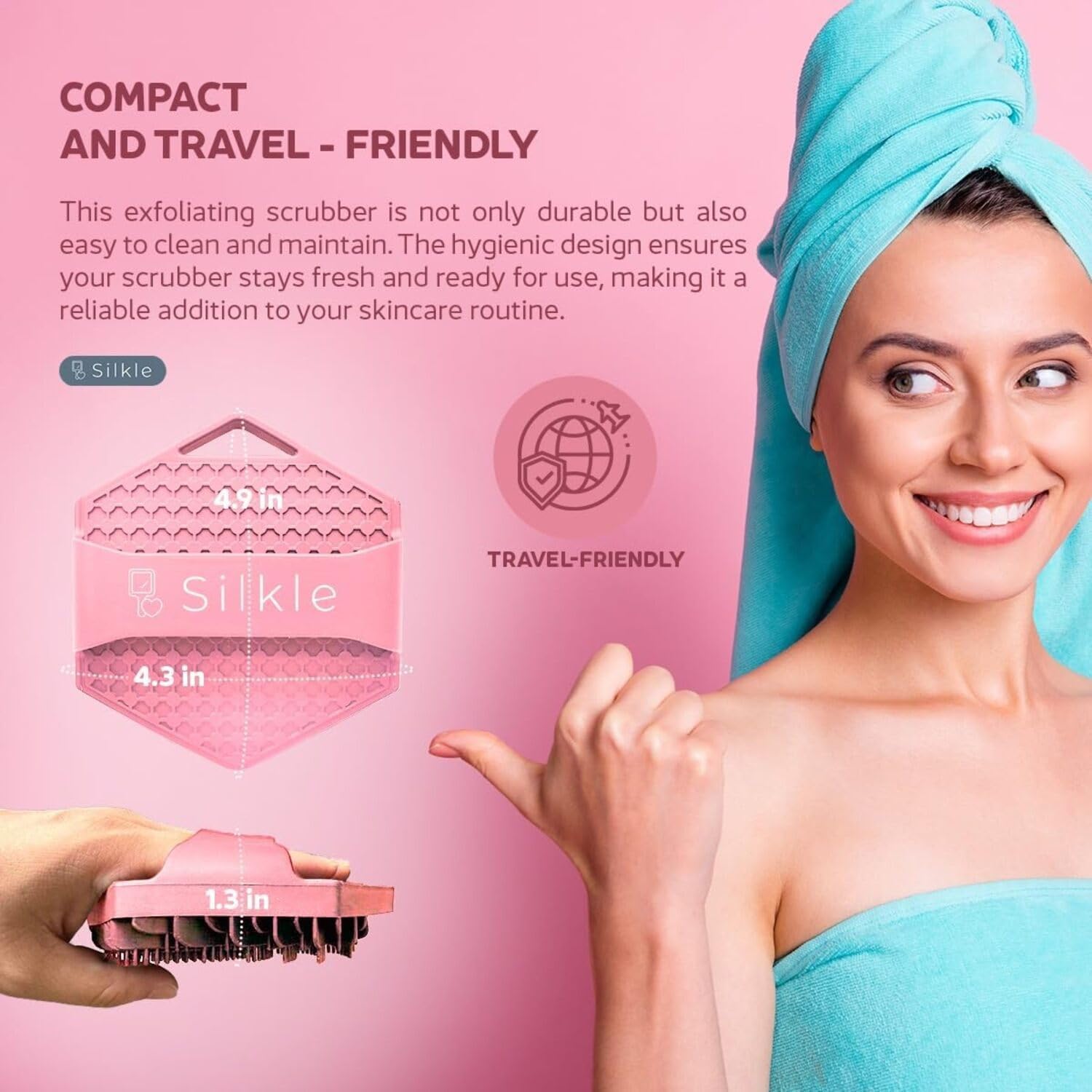 SILKLE Silicone Body Scrubber - Exfoliating Bath Brush and Skin Cleanser - Shower Sponge for Gentle Body Scrub and Wash - Silicone Scrubbing Care Tool for a Refreshed and Renewed You - Pink