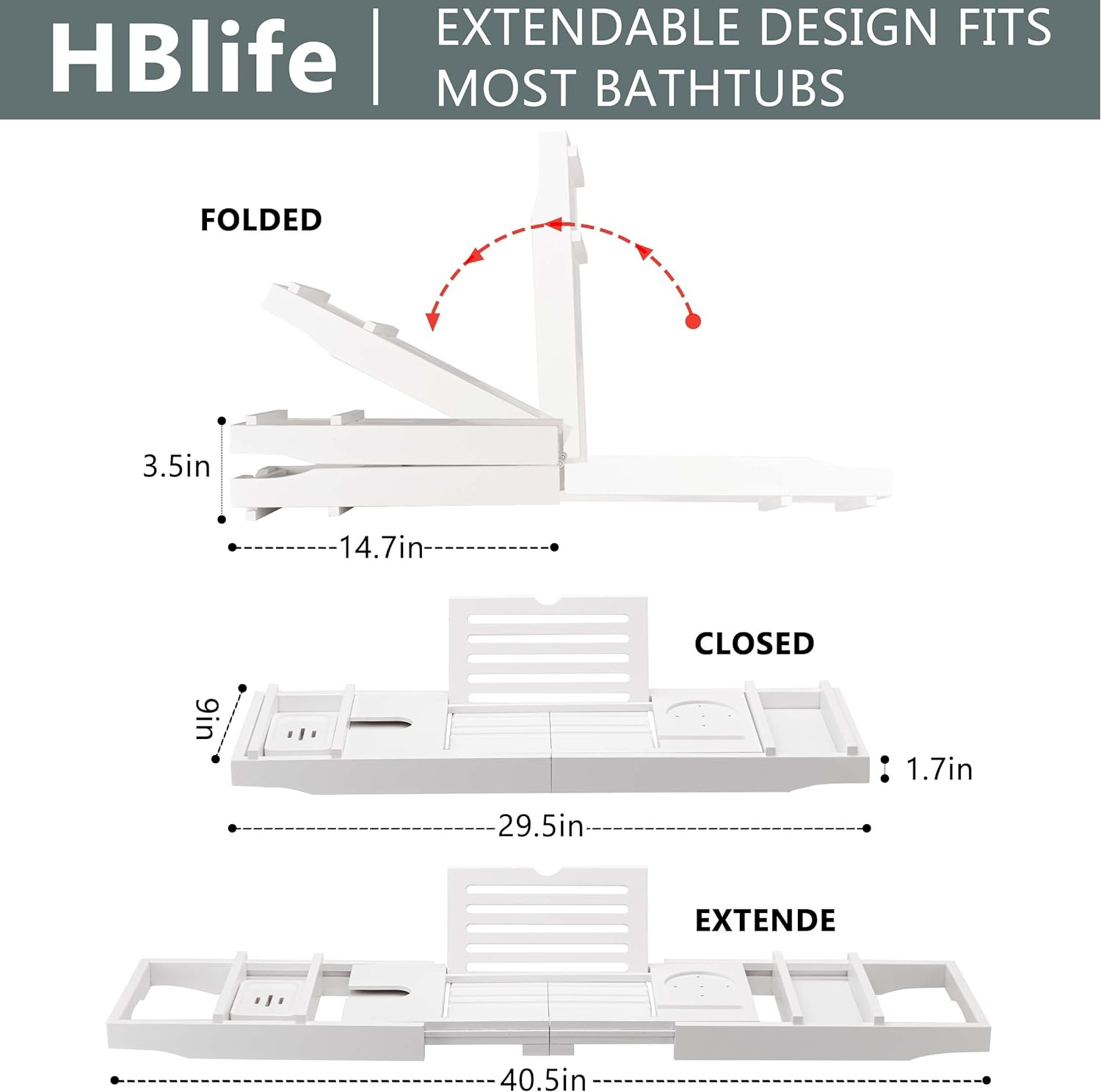 HBlife Bathtub Caddy Tray Foldable Bamboo Bath Table Tray with Book and Wine Glass Holder, Expandable Bathroom Accessories