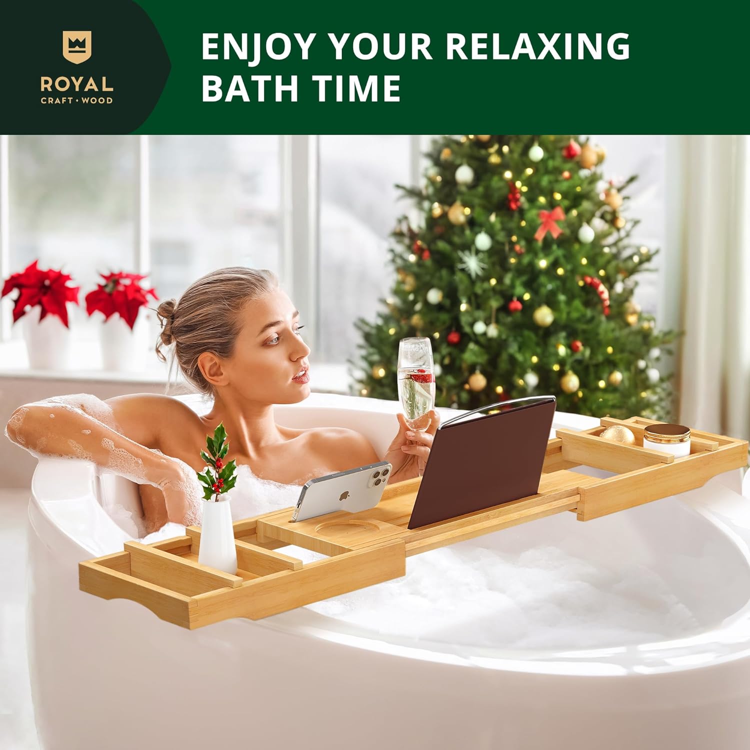 ROYAL CRAFT WOOD Foldable Bathtub Tray Caddy Bamboo Bathtub Tray Expandable, Bath Tub Table Caddy with Extending Sides - Free Soap Dish