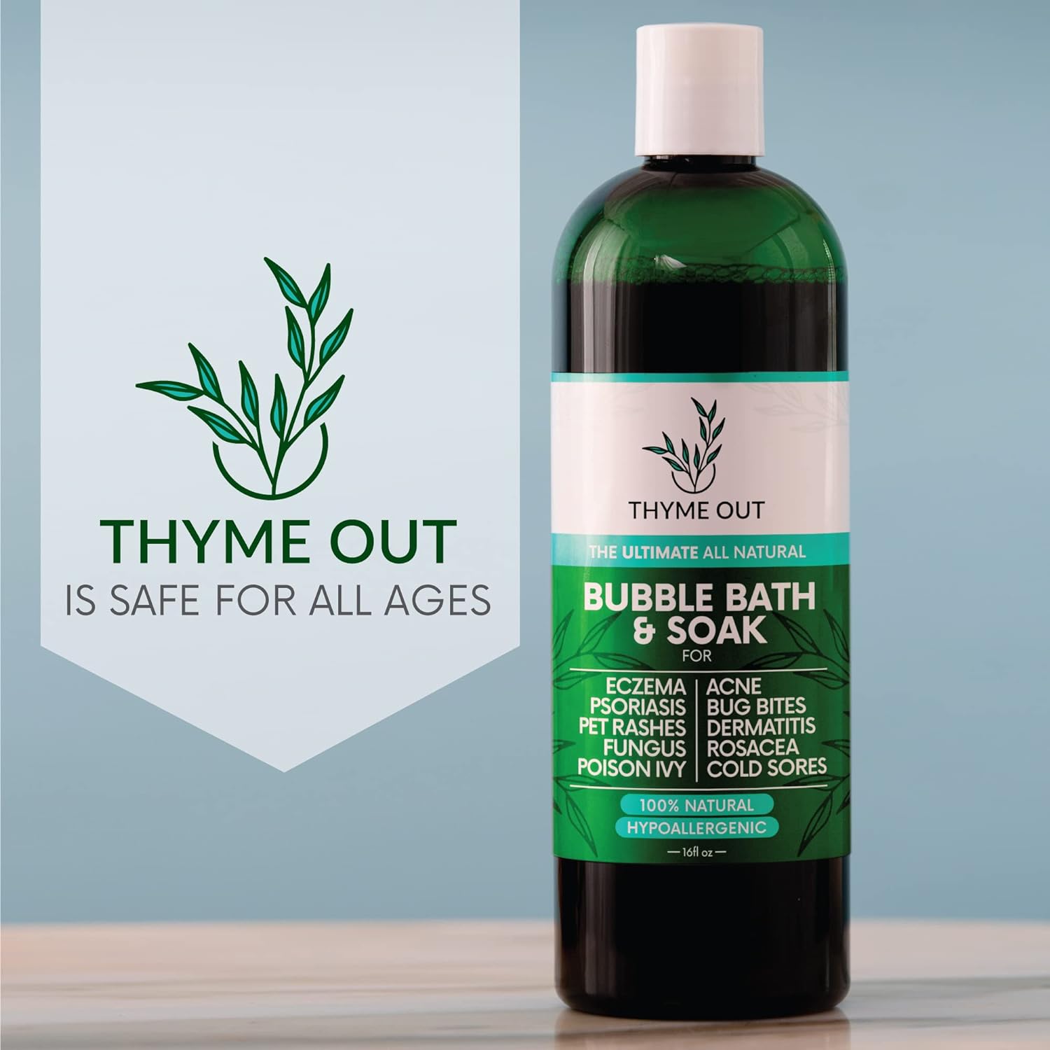 Thyme Out All-Natural Bubble Bath - Hypoallergenic Skin-Soothing Thyme Bath Foam - Sulfate-Free, Paraben-Free Formula Provides Deep Moisturization and Hydration for All Skin Types - 16 Oz