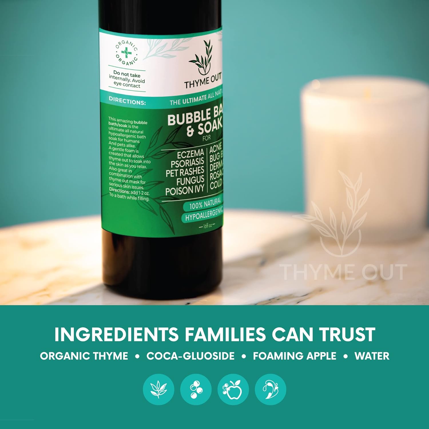 Thyme Out All-Natural Bubble Bath - Hypoallergenic Skin-Soothing Thyme Bath Foam - Sulfate-Free, Paraben-Free Formula Provides Deep Moisturization and Hydration for All Skin Types - 16 Oz