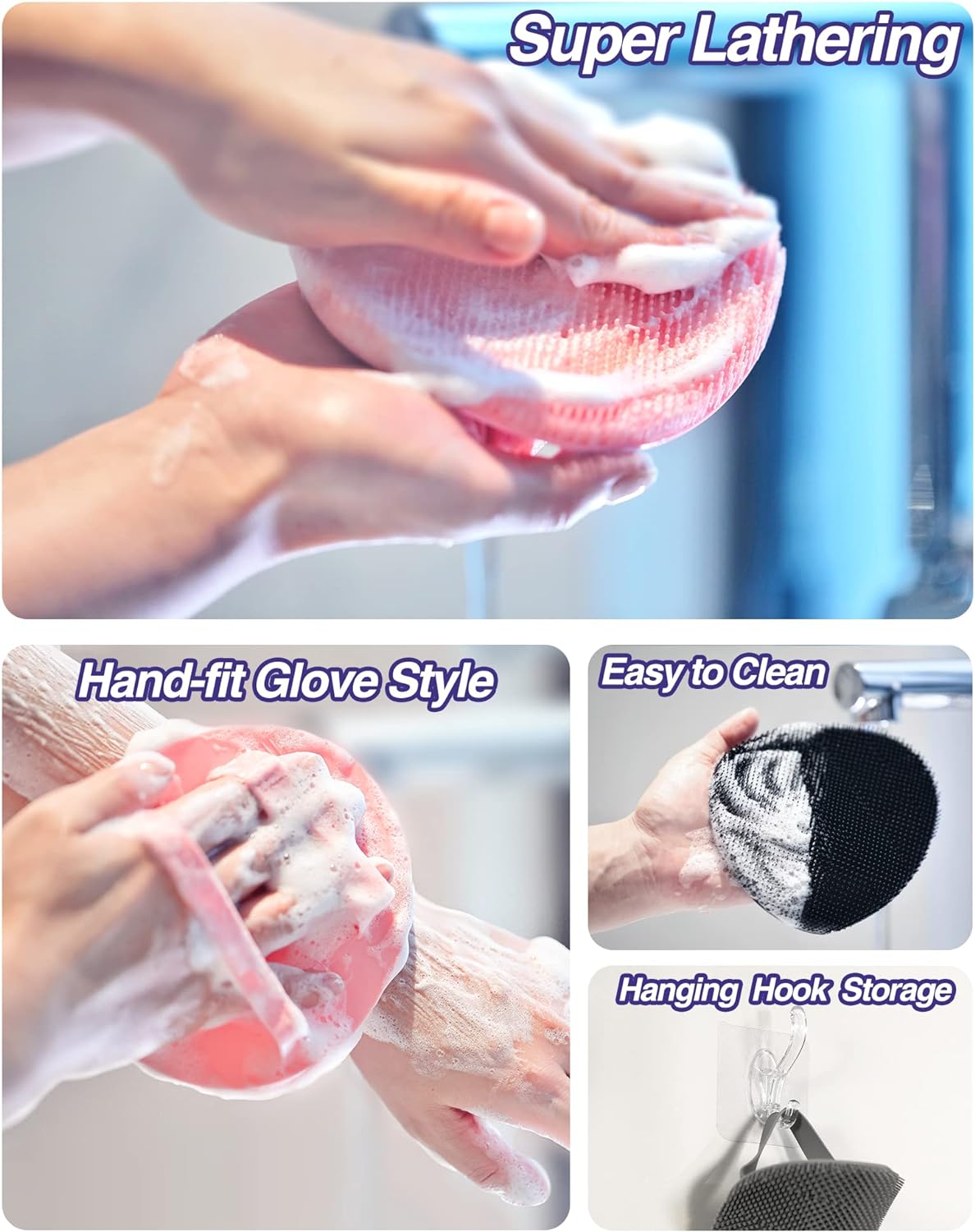 Manmihealth Silicone Back Scrubber(Thick Bristles) & Soft Bath Glove Set, Super-Exfoliating Body Scrubber & Super-Lathering Shower Brush Combination, with a Free Hook.(Black)