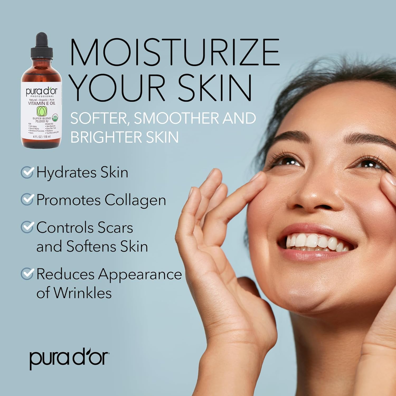 PURA D'OR Organic Vitamin E Oil Blend 70,000 IU (4oz / 118mL) 100% Natural Hexane Free, Sweet Almond, Apricot, Jojoba, Argan, Rosehip, Sunflower & Avocado Bath Oil for Scars, Skin, Face & Full Body