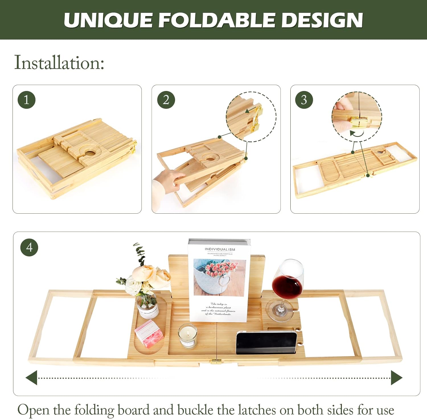 HMGDFUE Bamboo Bathtub Tray for Luxury Bath,Foldable Expandable Bath Tray for Bathtub Bath Tub Tray Table with Wine Glass Holder and Phone Book Holder for Couples Wedding Gifts for Mom Women