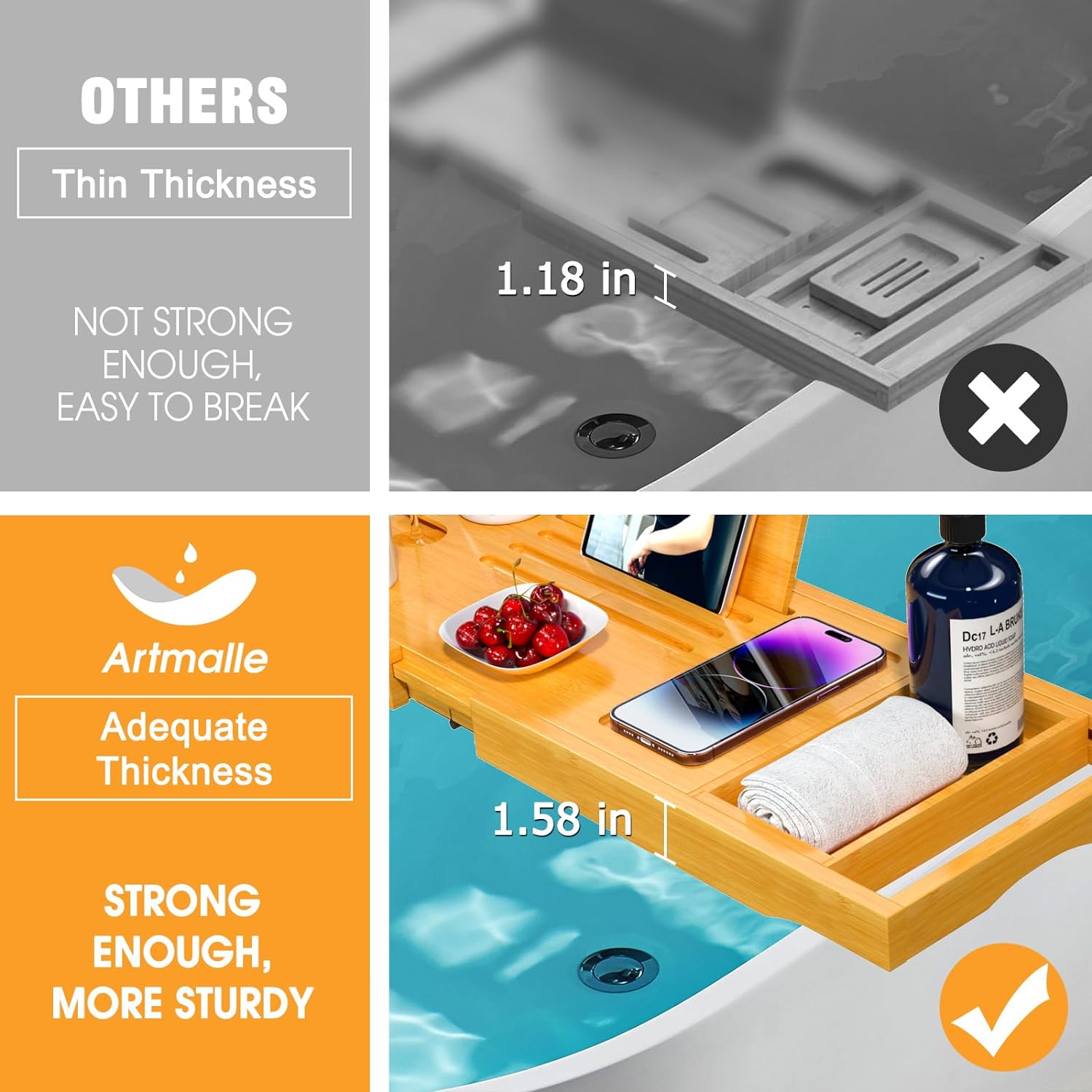 Artmalle Bathtub Caddy Tray for Tub,Foldable Bamboo Bath Table Tray with Book and Wine Glass Holder, Expandable Bathroom Accessories with Free Soap Dish Suitable for Luxury Spa or Reading