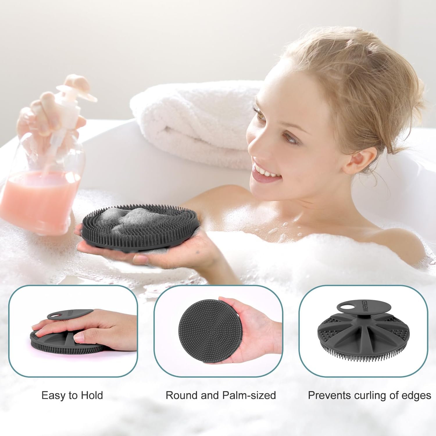 INNERNEED Food-Grade Soft Silicone Body Scrubber Shower Brush Handheld Cleansing Skin Brush, Gentle Exfoliating and Lather Well (Black)