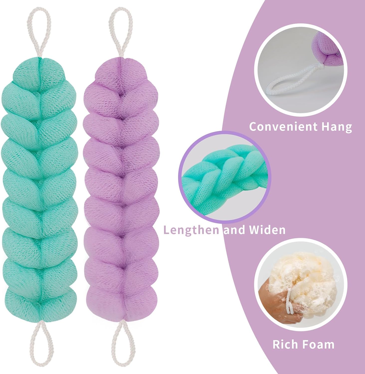 BCKENEY Bath Loofah Shower Sponge Soft Mesh Loofah Body Scrubber with Long Loofah Bath Sponge for Men Women Body Wash Exfoliator Shower Puffs