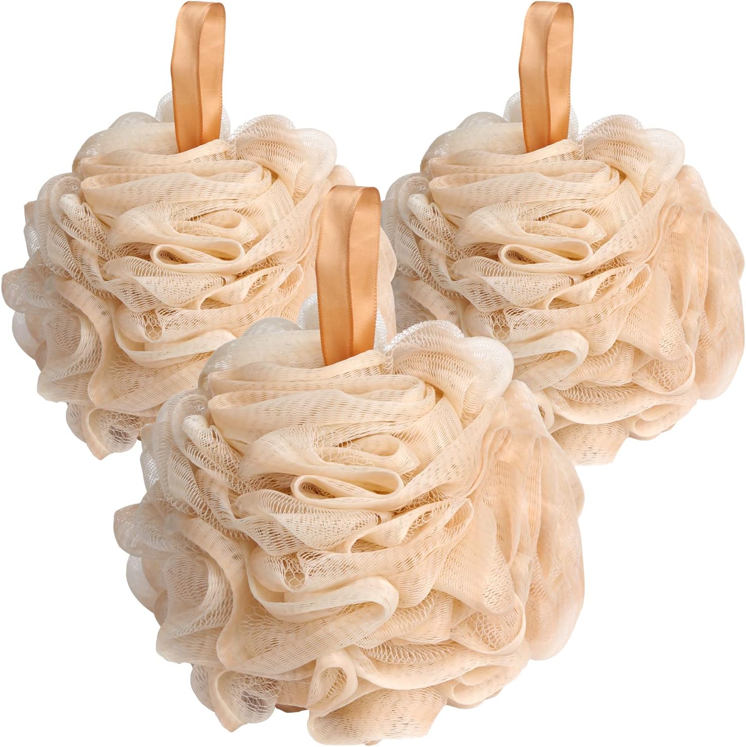 Fishent Bath Loofah Sponge, 3 Pack loofahs Exfoliating Body Scrubber, 60g Soft Mesh Pouf Shower Puffs, Loofa for Women (Pink-Peach-Coral)