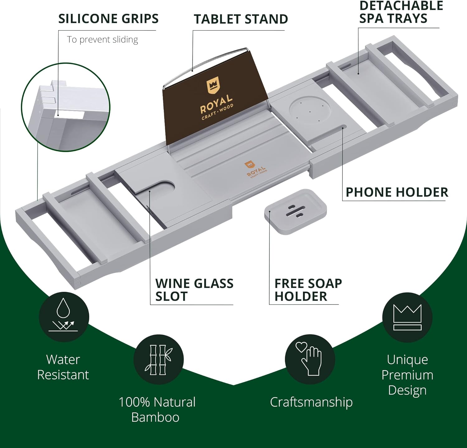 ROYAL CRAFT WOOD Foldable Bathtub Tray Caddy Bamboo Bathtub Tray Expandable, Bath Tub Table Caddy with Extending Sides - Free Soap Dish