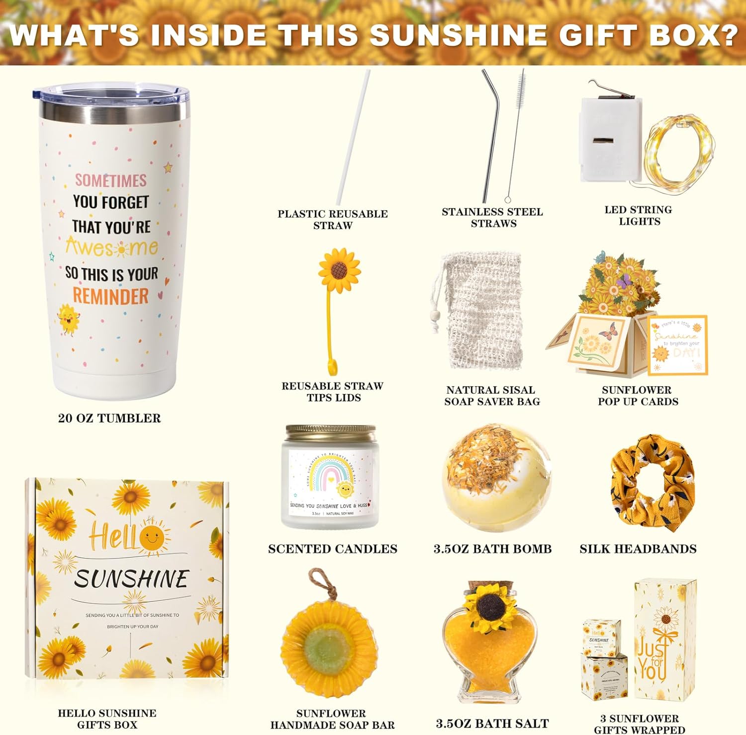 Yseoul Birthday Gifts for Women, Sunflower Gifts Sending Sunshine, 10 Pcs Get Well Soon Gifts Basket Unique Birthday Gifts Box for Thinking of You Her Sister Best Friend