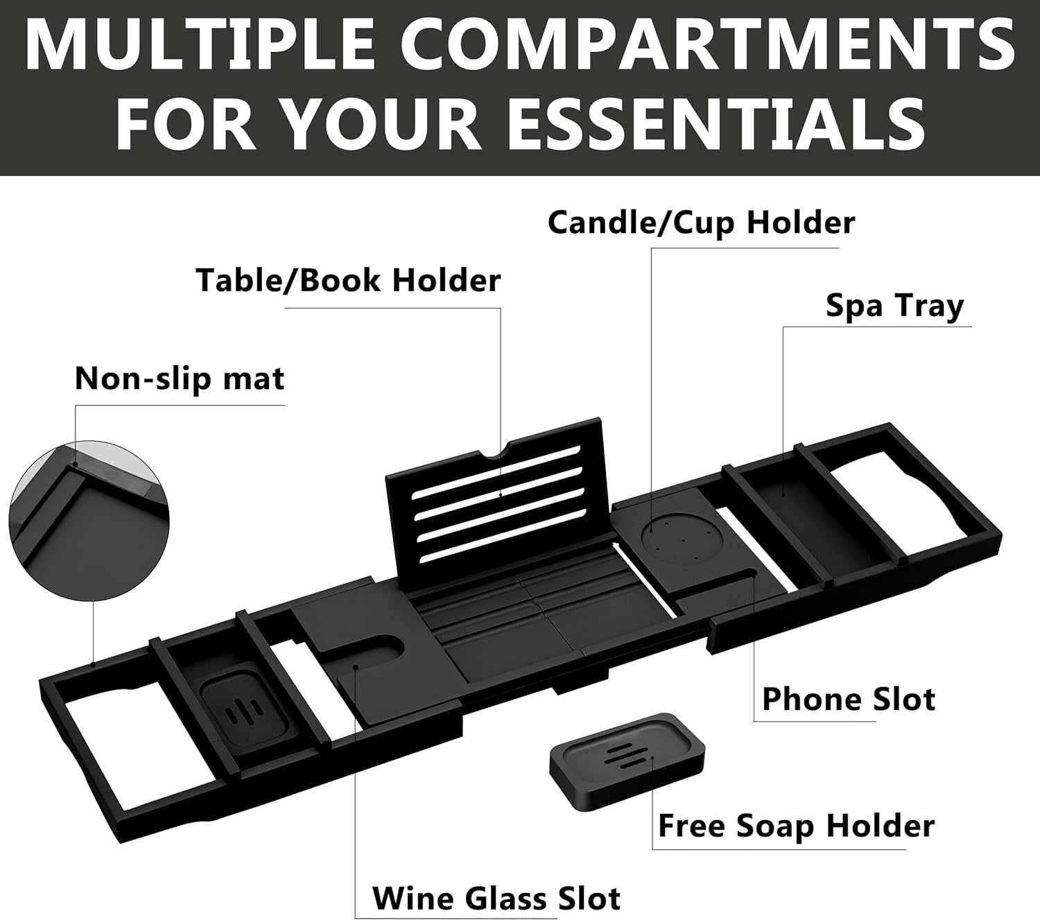 HBlife Bathtub Caddy Tray Foldable Bamboo Bath Table Tray with Book and Wine Glass Holder, Expandable Bathroom Accessories