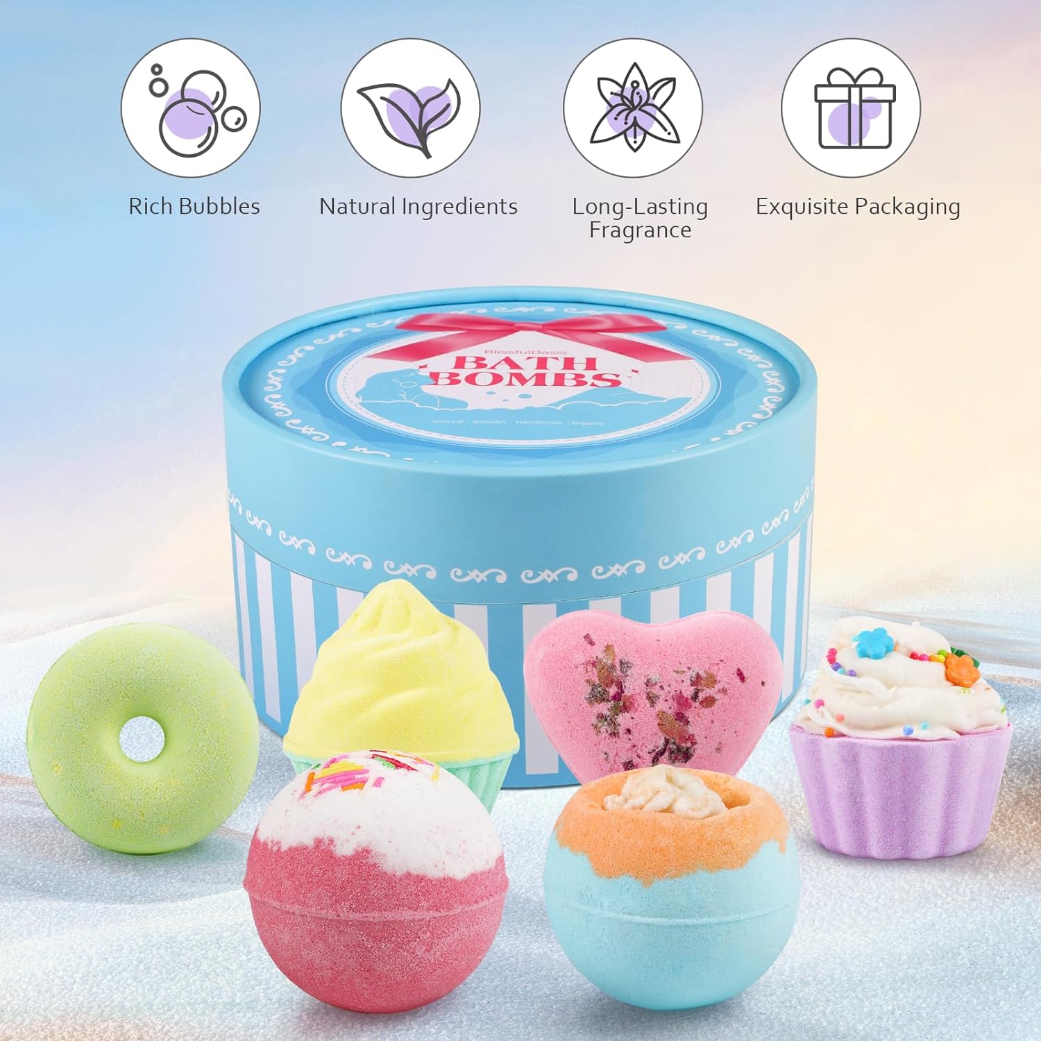 BlissfulOasis Bath Bombs, Scented Shower Bombs, Natural Ingredients Bath Bomb Gift Set 6 Pack, Women Christmas Gifts, Mother's Day, Birthday Gift Ideas for Kids, Women, Mom