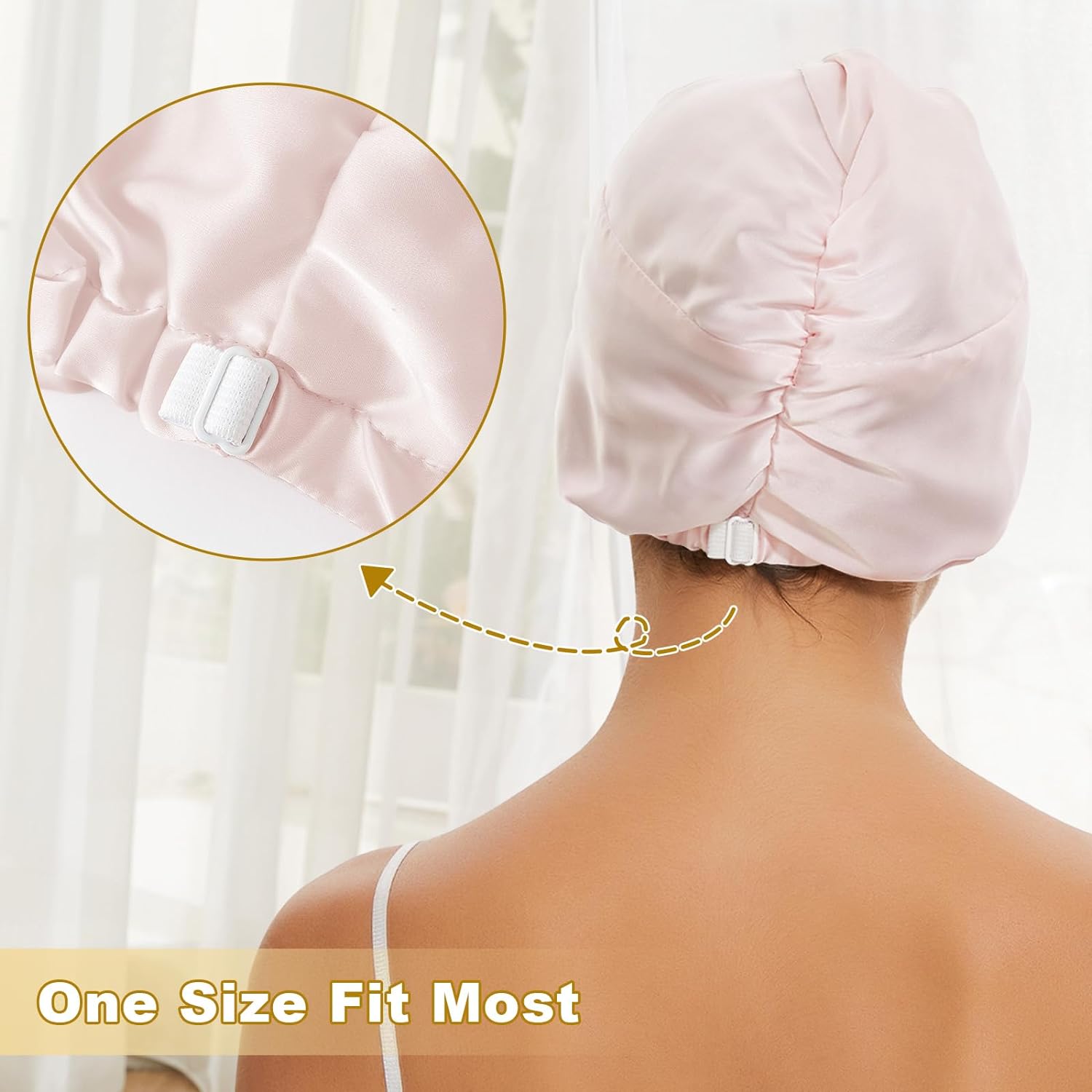 Satin Bonnet Silk Bonnet for Sleeping Women, Double-Layer Silk Hair Wrap with Elastic Band, Adjustable Shower Cap for Curly Straight Long Hair, Pink