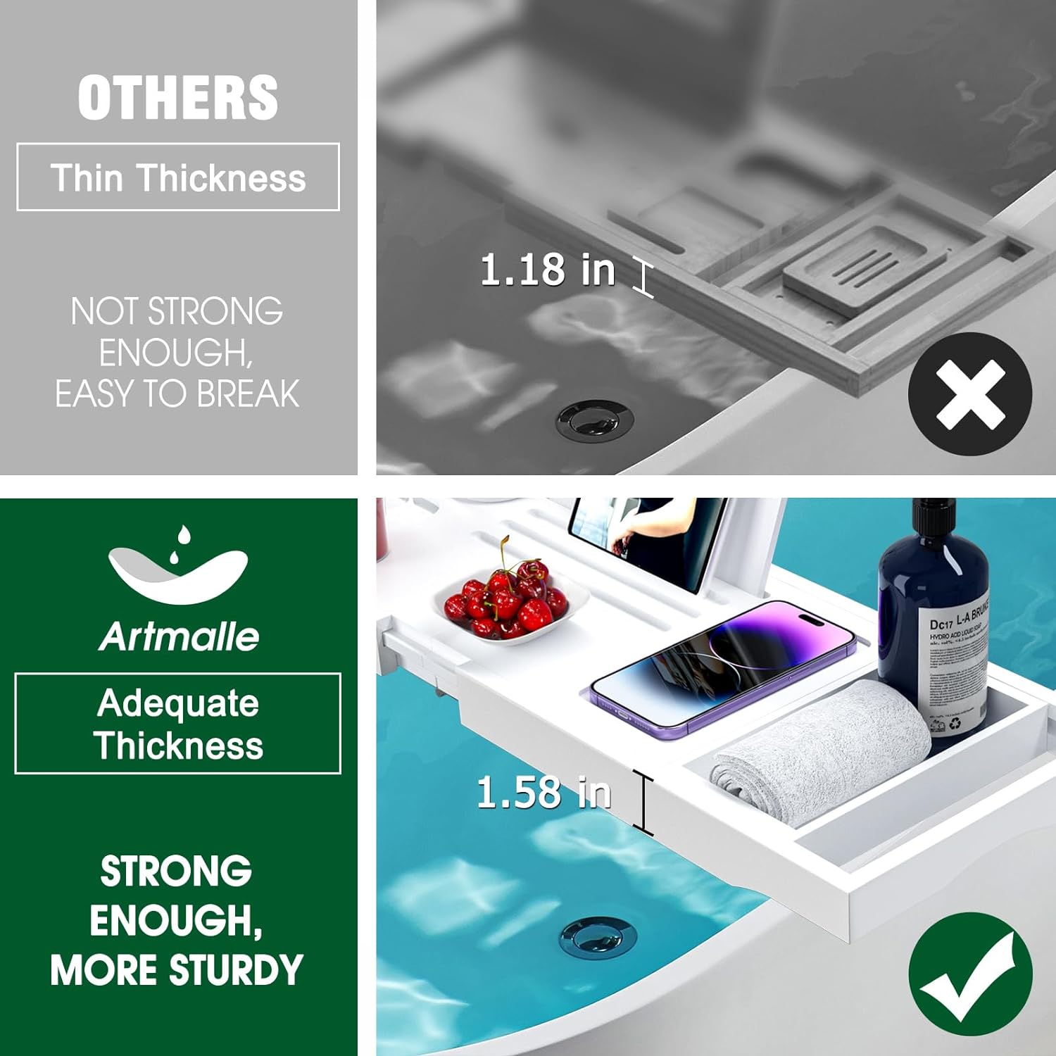 Artmalle Bathtub Caddy Tray for Tub,Foldable Bamboo Bath Table Tray with Book and Wine Glass Holder, Expandable Bathroom Accessories with Free Soap Dish Suitable for Luxury Spa or Reading