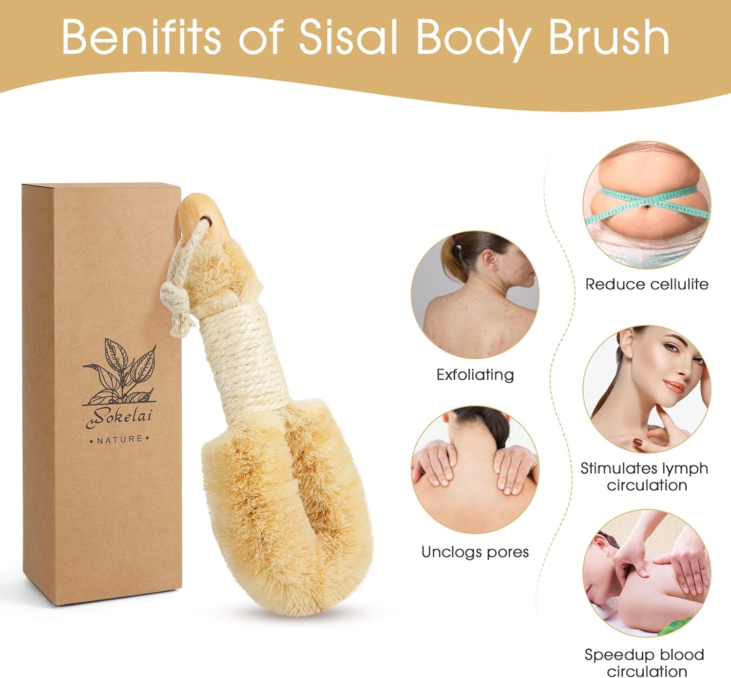 Dry Brushing Body Brush for Skin - Exfoliating Body Scrubber Brushes Natural Sisal Bristle for Lymphatic Drainage Cellulite Body Exfoliator for Bath Shower to Improve Circulation Stop Ingrown Hairs