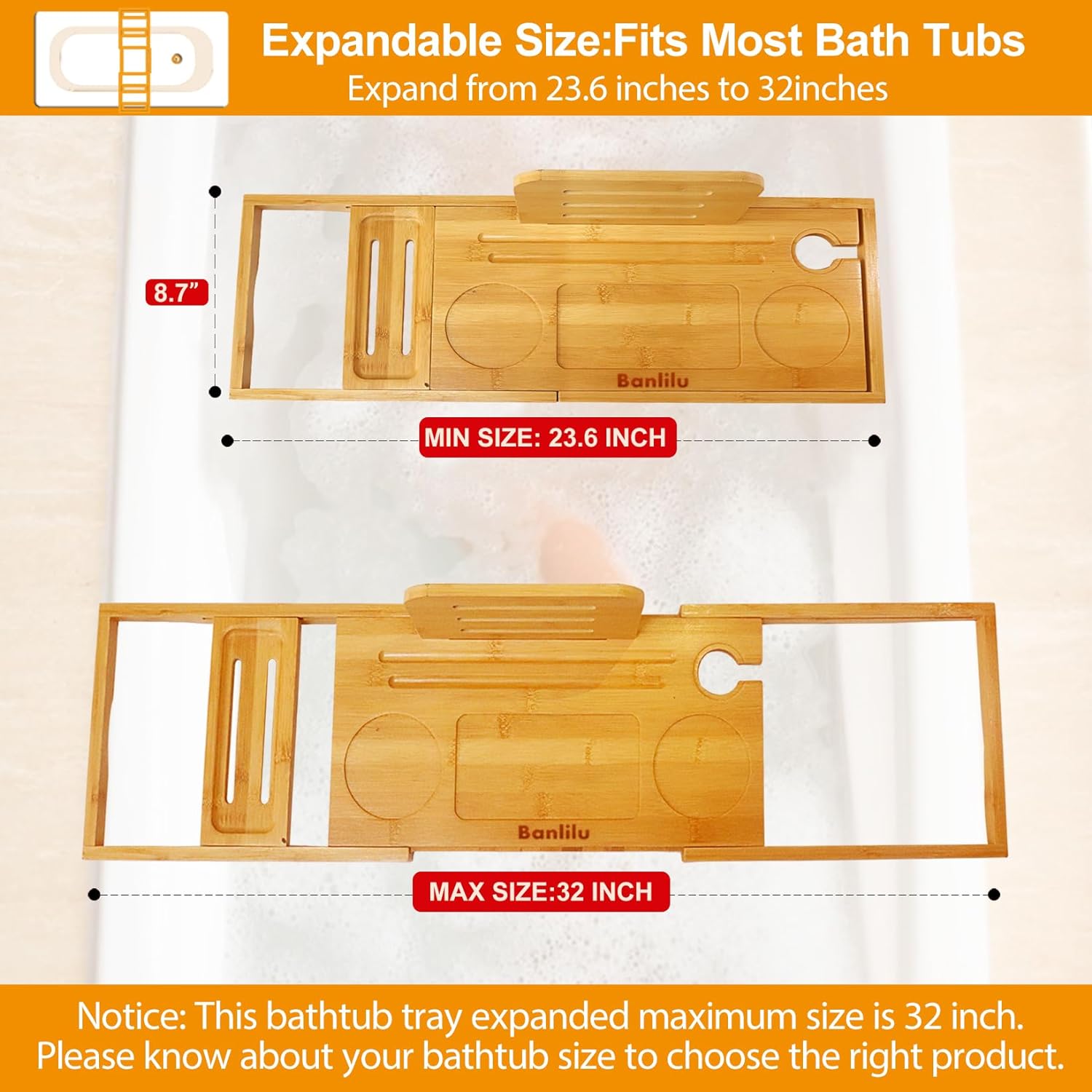 Premium Bathtub Tray Caddy - Bath Tray Bamboo Expandable - Bath Tub Tray Table for Bathtub - Expandable Size, Fits Most Bath Tubs