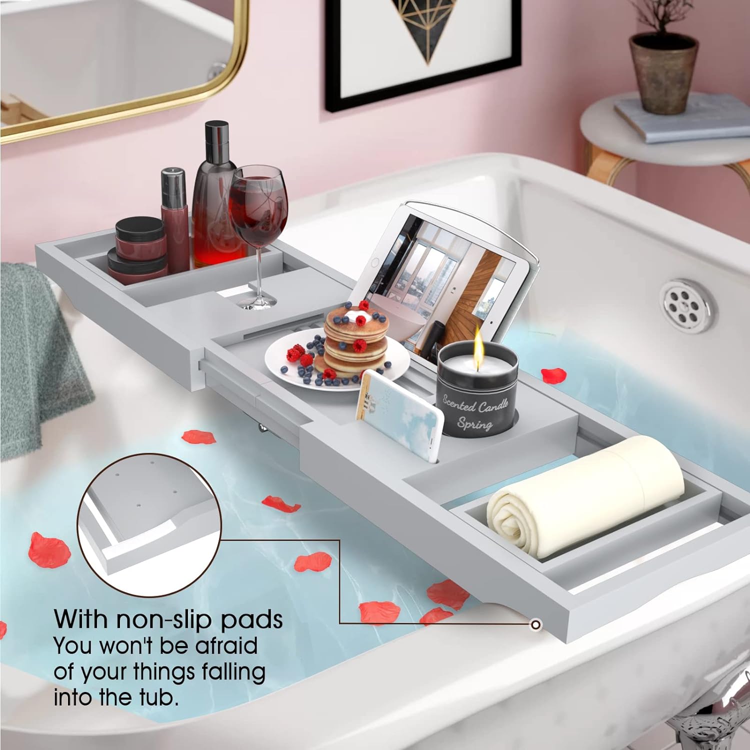 Artmalle Bathtub Caddy Tray for Tub,Foldable Bamboo Bath Table Tray with Book and Wine Glass Holder, Expandable Bathroom Accessories with Free Soap Dish Suitable for Luxury Spa or Reading