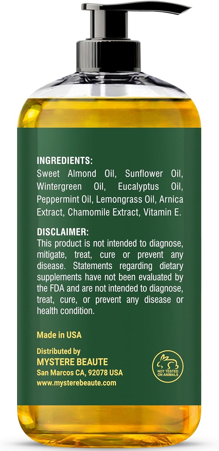 MYSTÉRE BEAUTÉ Sore Muscle Massage Oil for Massage Therapy with Arnica - Relaxing, Warming, Eases Muscle Soreness & Stiffness - Moisturizes Skin - Premium-Quality - 8 fl oz