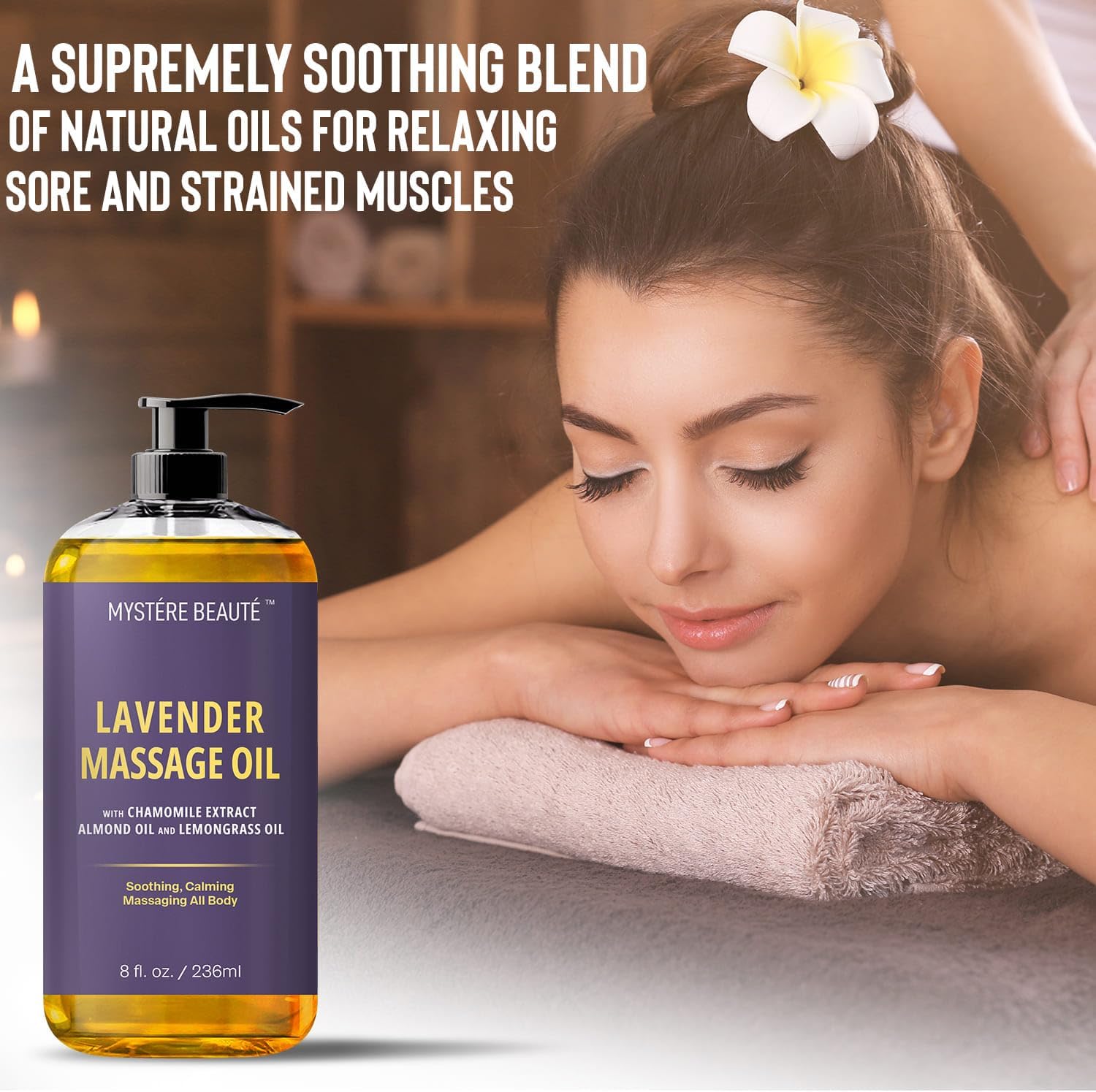 MYSTÉRE BEAUTÉ Sore Muscle Massage Oil for Massage Therapy with Arnica - Relaxing, Warming, Eases Muscle Soreness & Stiffness - Moisturizes Skin - Premium-Quality - 8 fl oz