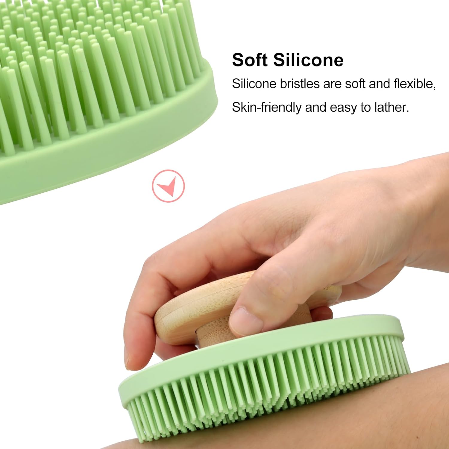 Ozner Food-Grade Soft Silicone Body Scrubber Shower Brush, Cleans and Removes Dead Skin - Foam-Rich Brush, Non-Slip Bamboo Handle Silicone Loofah, Durable and Easy to Clean, 1pc (Pink)