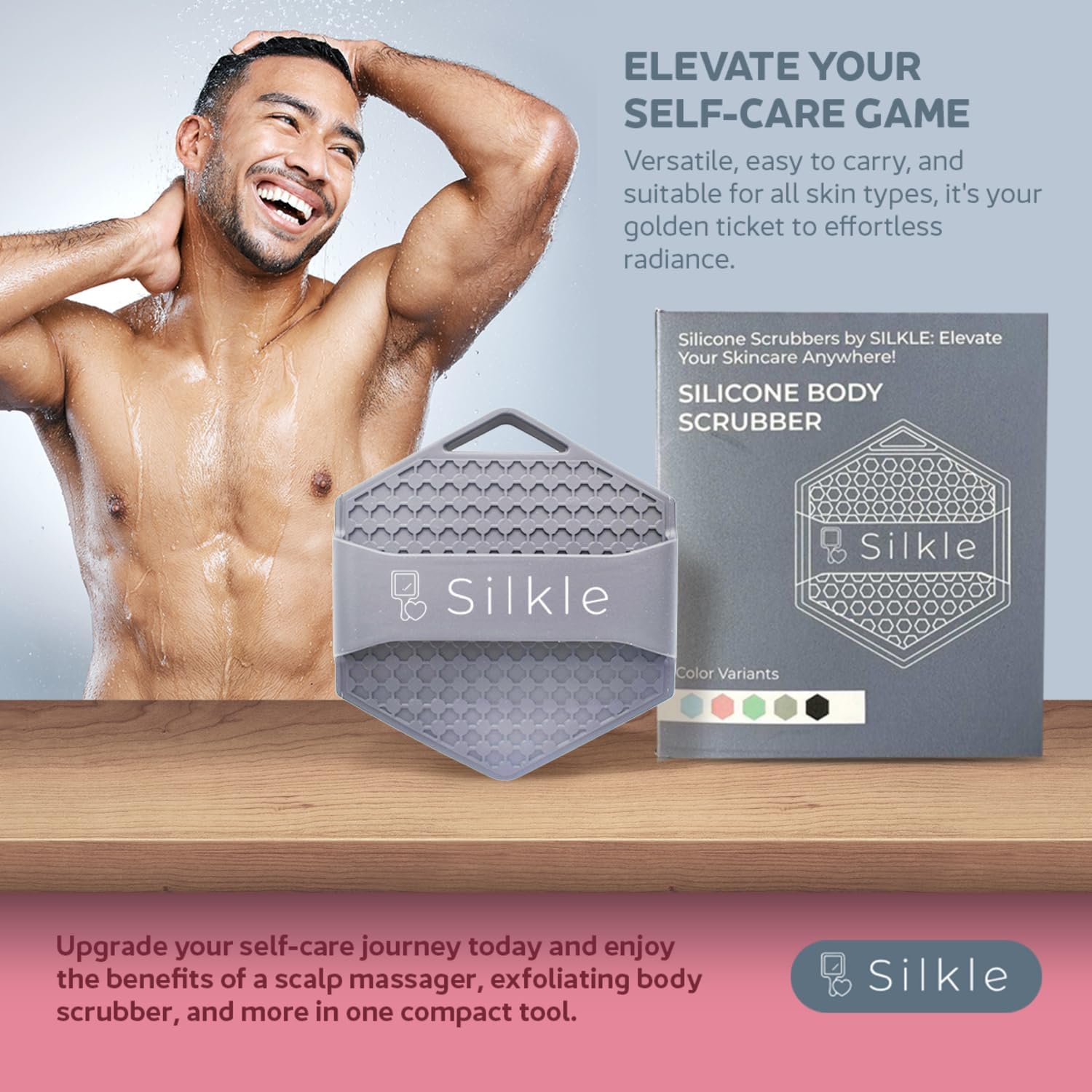 SILKLE Silicone Body Scrubber - Exfoliating Bath Brush and Skin Cleanser - Shower Sponge for Gentle Body Scrub and Wash - Silicone Scrubbing Care Tool for a Refreshed and Renewed You - Pink