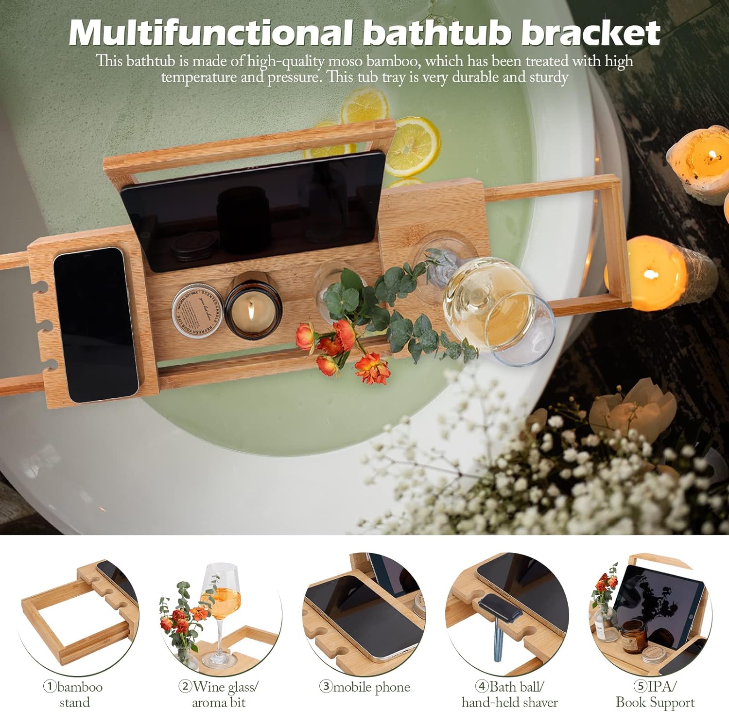 HMGDFUE Bamboo Bathtub Tray for Luxury Bath,Foldable Expandable Bath Tray for Bathtub Bath Tub Tray Table with Wine Glass Holder and Phone Book Holder for Couples Wedding Gifts for Mom Women